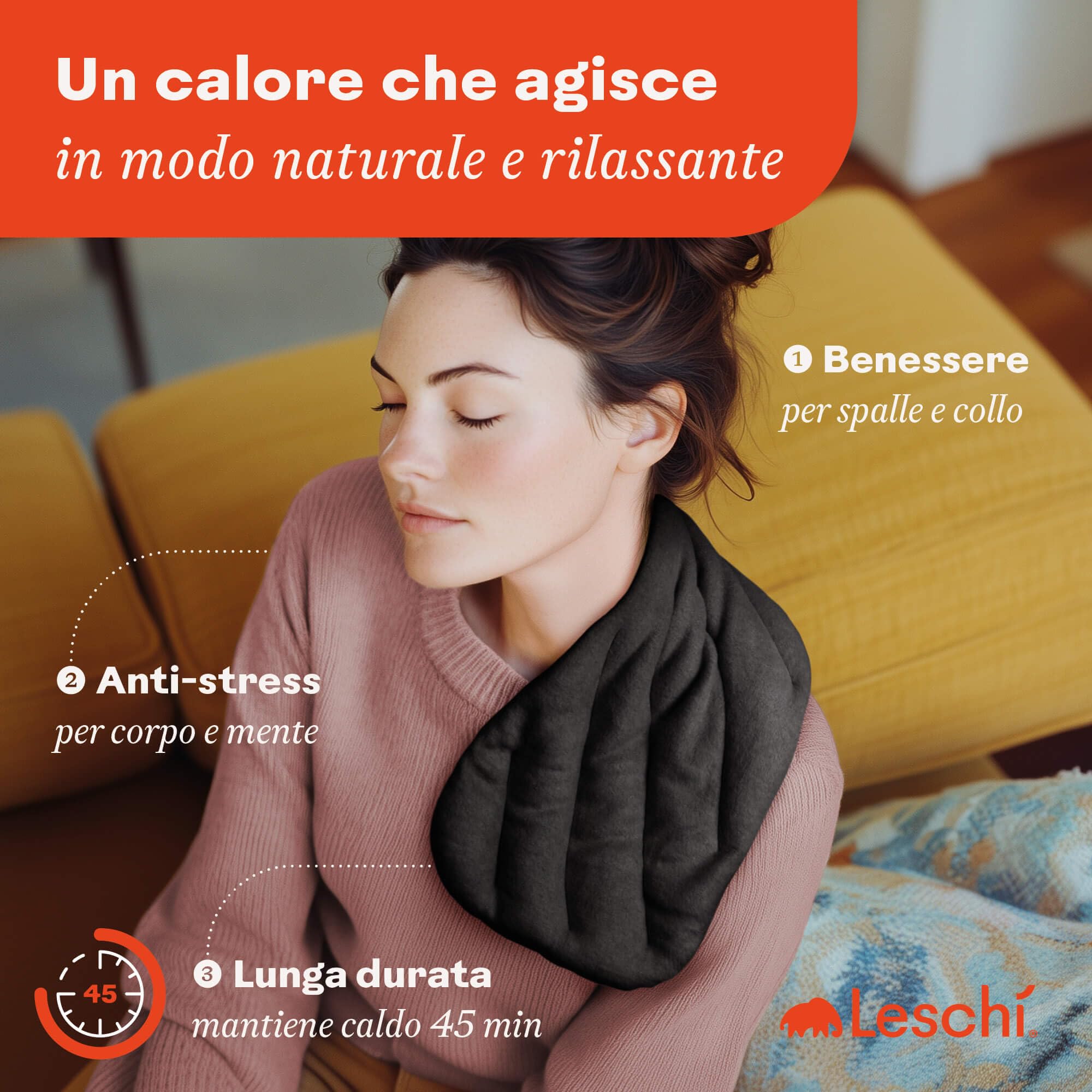 LESCHI XXL Cuscino termico per microonde (50x20cm), 100% cotone e grano biologico, cuscino riscaldante a 8 camere, nero, ideale come fonte di calore per cervicale, spalla, schiena, collo