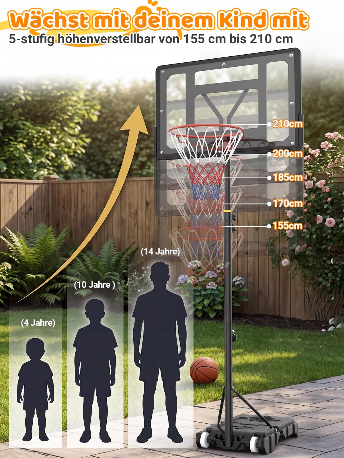 Basketballkorb Outdoor für Kinder: 155-210 cm Höhenverstellbar für Kinder 4-14 Jahre - Inkl. 2X Netze, Basketball & Pumpe - Basketballkörbe mit Ständer für Indoor Outdoor Garten Hof Garage