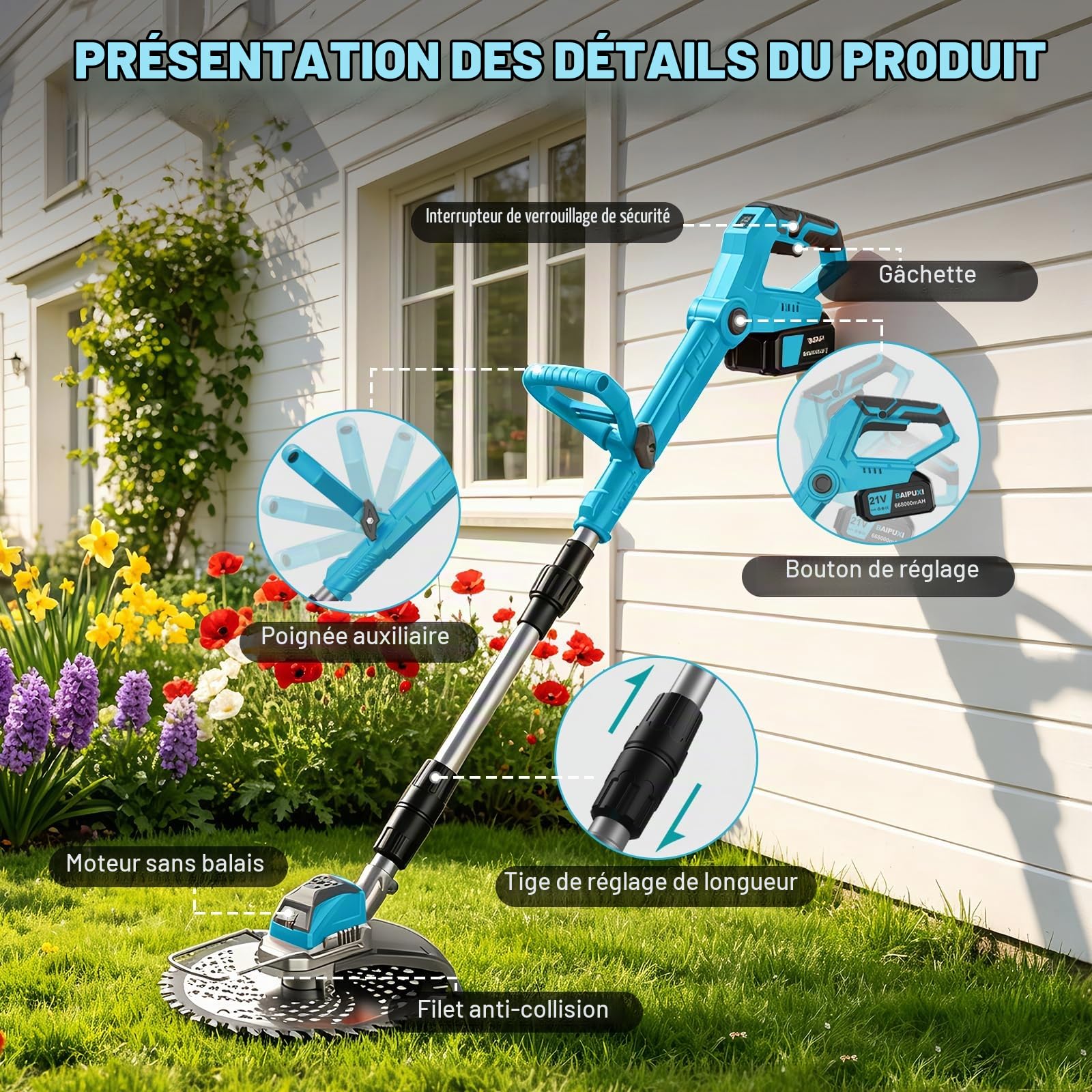 Debroussailleuse Electrique sans Fil 21V Coupe Bordure 3-en-1 avec 2 Batteries 4.0 Ah Débroussailleuses avec Brosse de Désherbage Poignée Réglable Convient aux Jardins et aux pelouses (Bleu)
