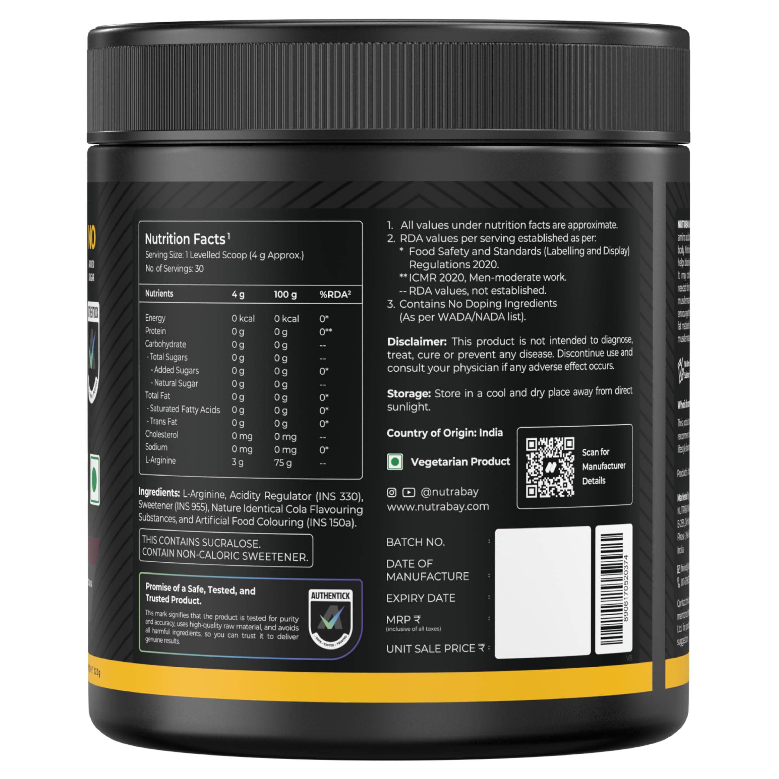 Nutrabay Gold L-Arginine Supplement Powder 120g, Cola Flavor – Pre Workout Amino Acid for Endurance, Muscle Building & Faster Recovery | Tested for Purity | Authentic — Amazon image 7