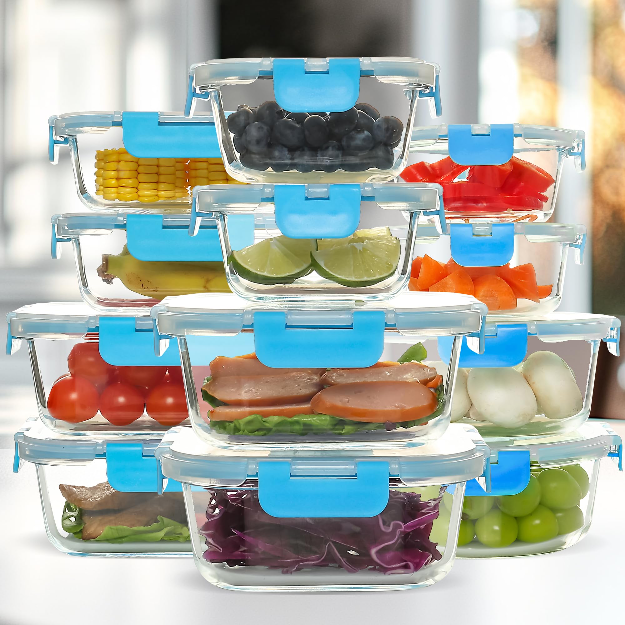 UMEIED 12 PACK Glass Food Storage Containers with Leak Proof Lids, Glass Airtight Meal Prep Containers Set for Lunch, On the Go, Leftover, Kitchen Pantry Organizers and Storage (Blue)