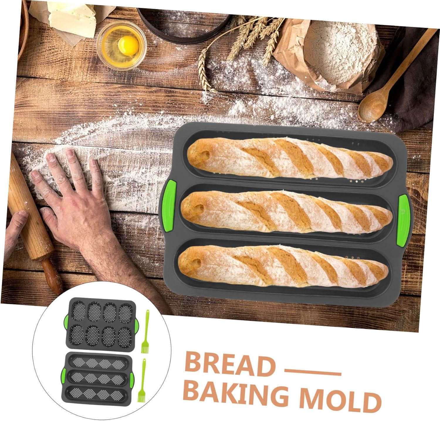 Healifty Non-stick Silicone French Bread Baking Mould Perforated Bread Rolls Mold for Easy Demoulding for Home Baking Includes Brushes for Effortless Cleaning