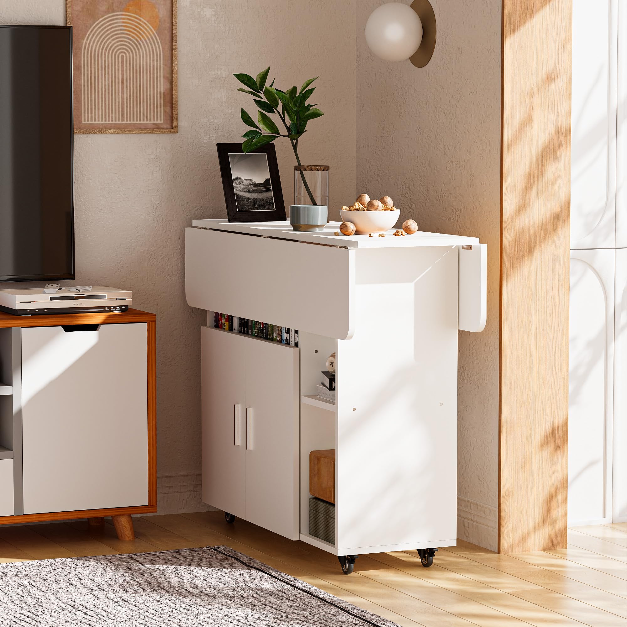 Table à Manger Pliante, Mobile Table de Cuisine avec roulettes pour 6 Personnes avec 1 Grande Armoire et 3 Compartiment Ouvert, pour Petits espaces, Salle à Manger, 100 x 70 x 79 cm Blanc
