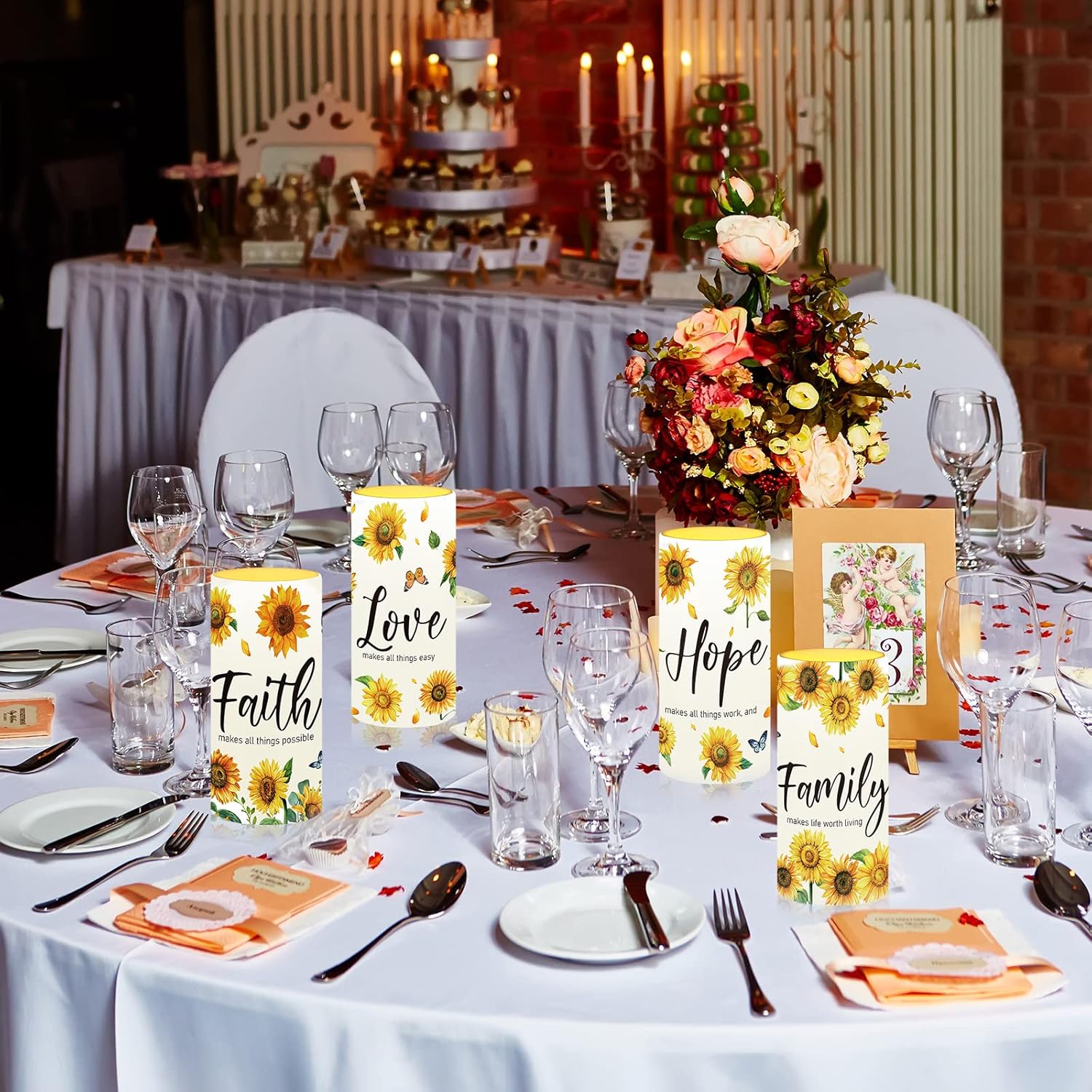 Tiamon Sunflower Flameless Candles LED Love Hope Faith Candles Battery Operated Yellow Floral Flickering with 18 Key Remote Timer Pillar for Summer Holiday Table Decorations