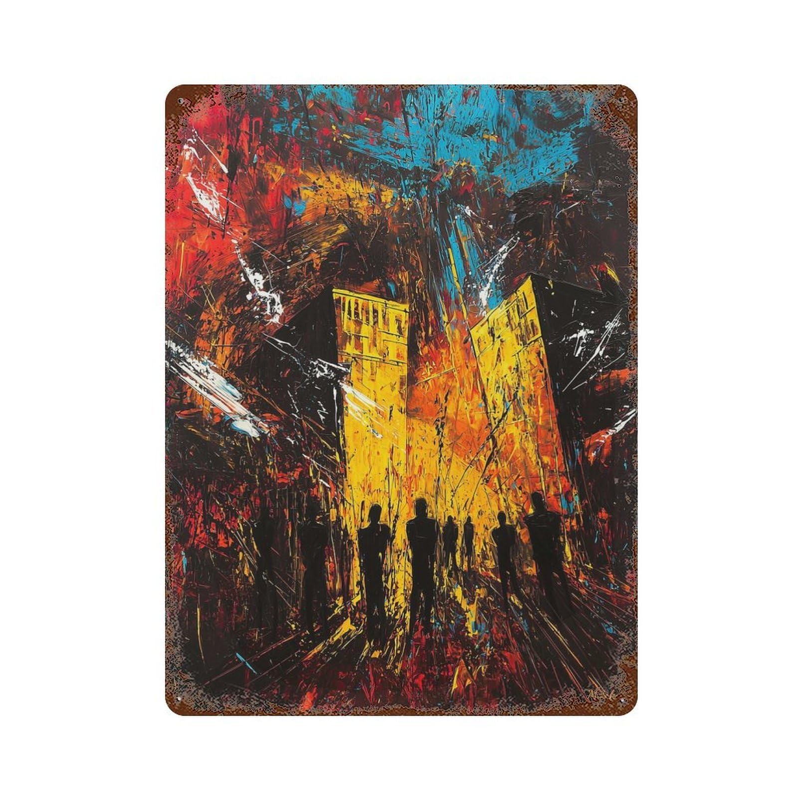 Urban Inferno – Expressionist Cityscape in Chaos Rusty Metal Tin Sign 15.7"x11.8", Classic Wall Plaque for Pub, Kitchen And Man Cave Decor