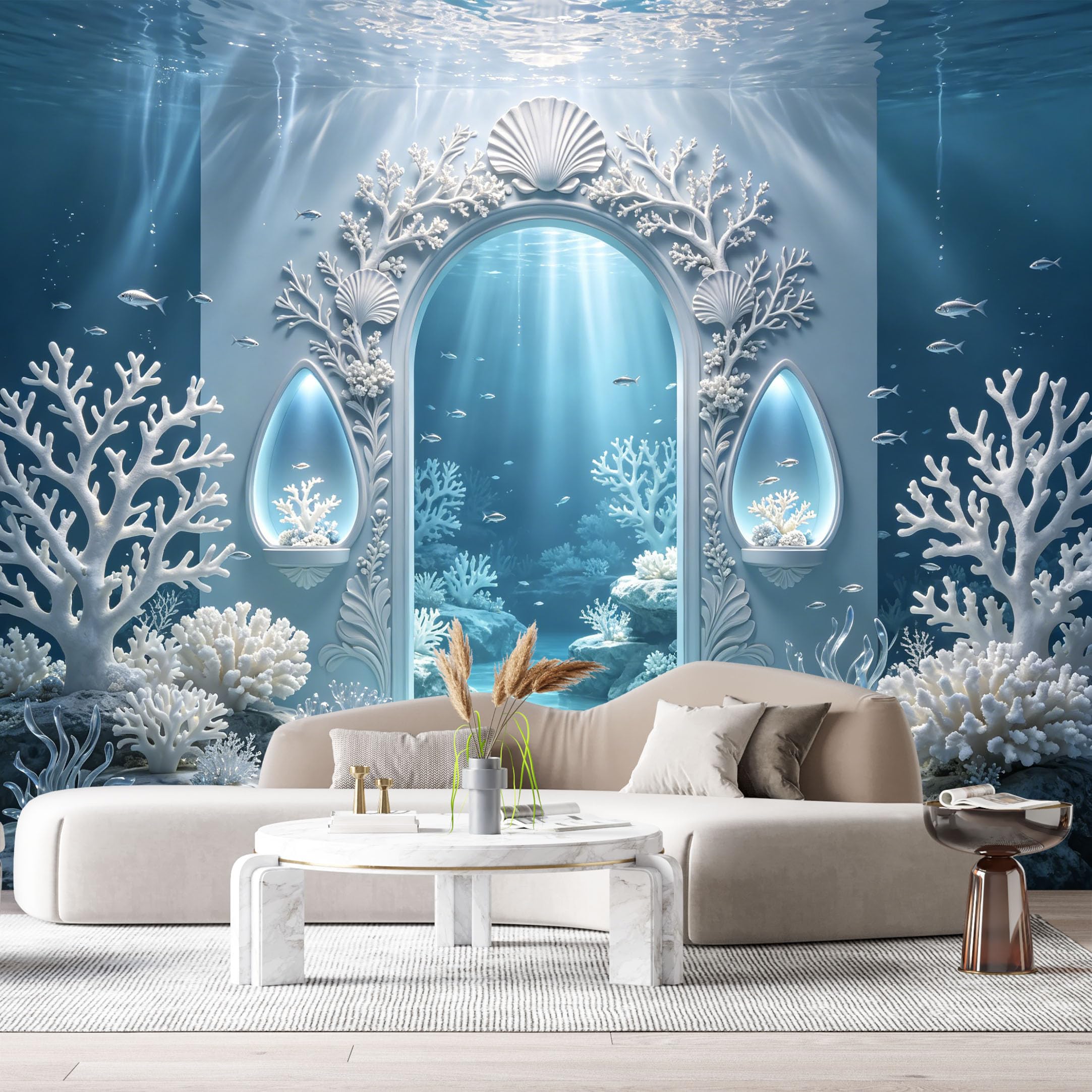 Custom Size Wall Murals Ocean Marine Underwater Archway Coral 3D Trompe L'Oeil SelfAdhesiveWall Fabric Removable Wallpaper Wall Decor for Living Room Bedroom Bathroom