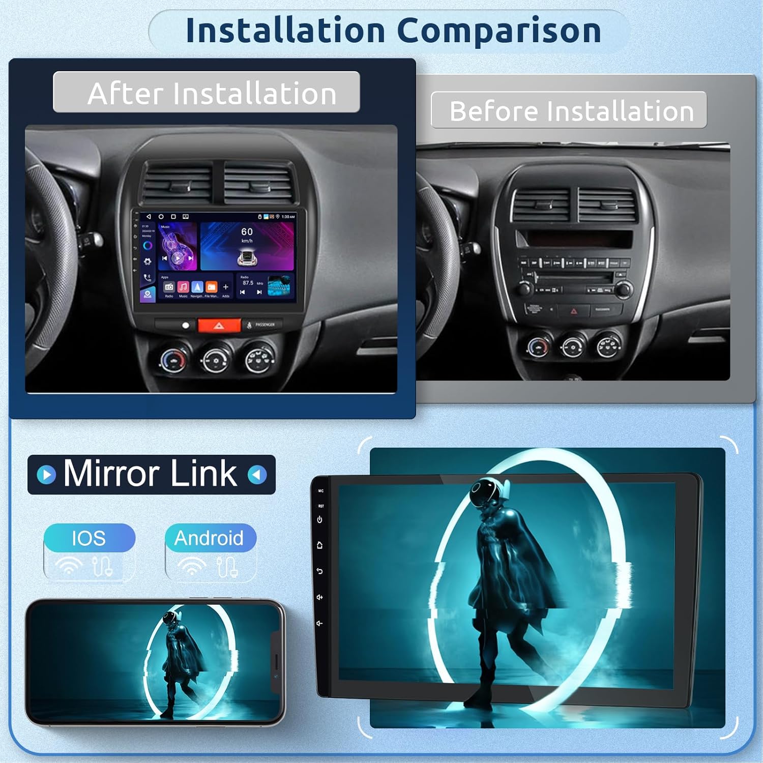 Side-by-side comparison of a car dashboard before and after installing the Hodozzy Car Radio, showing the integrated look of the new unit.
