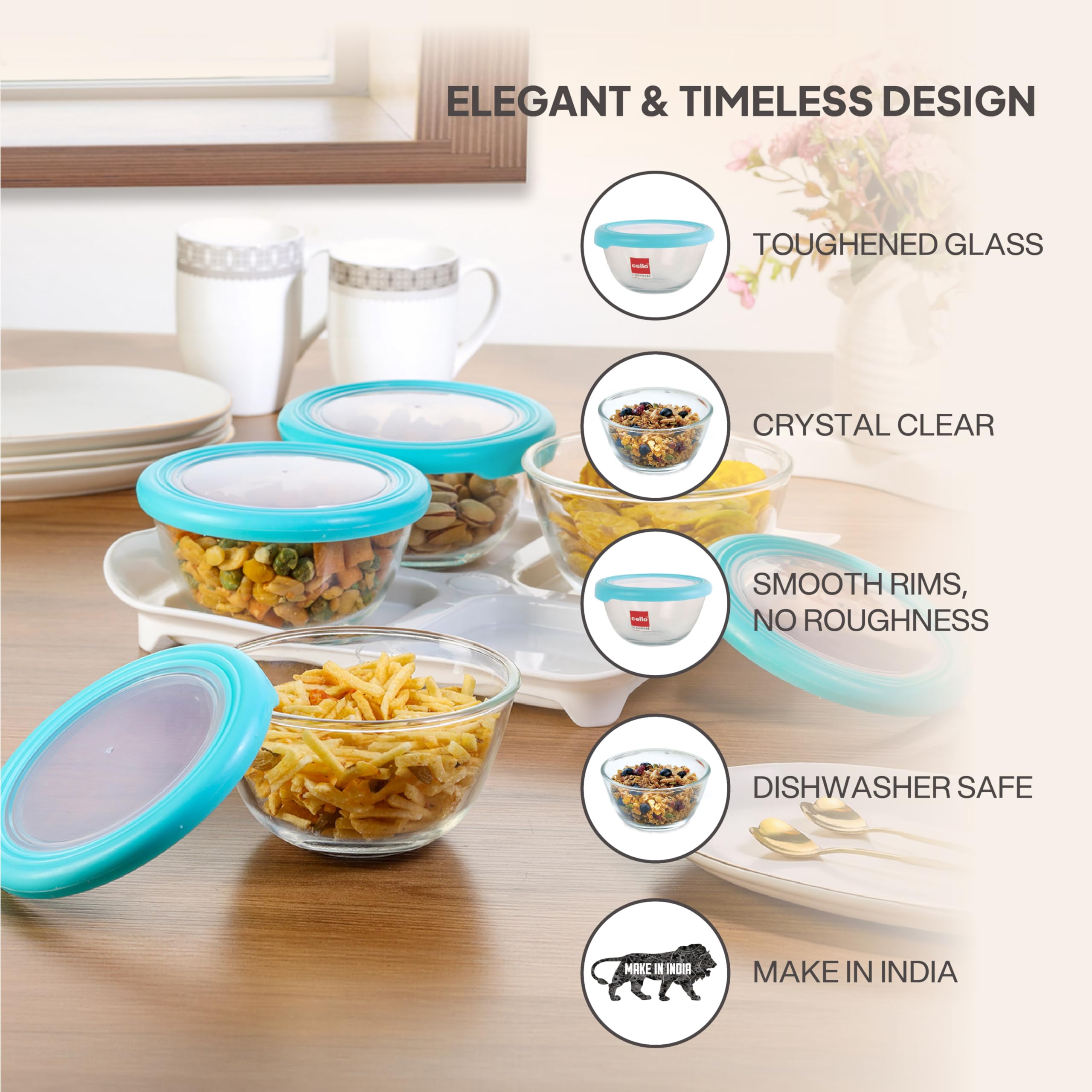 Cello Snack Tray Set, Serving Bowls, Microwave Safe, 320 ml Each (Set of 4) with Tray - Image 3 thumbnail