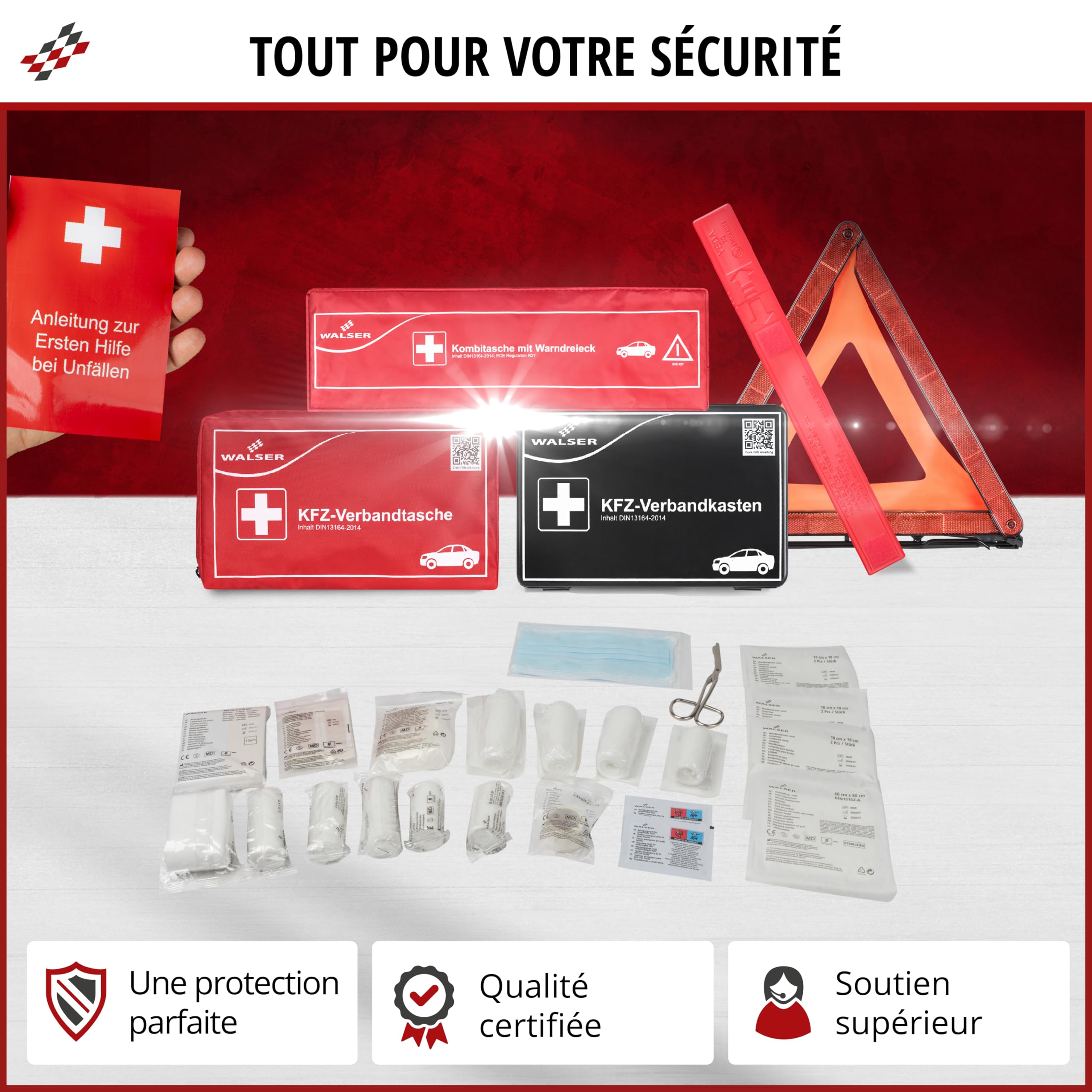 WALSER Trousse de secours voiture, trousse de secours voiture 2026 avec triangle de panne et gilet de sécurité vainqueur du comparatif* DIN 13164