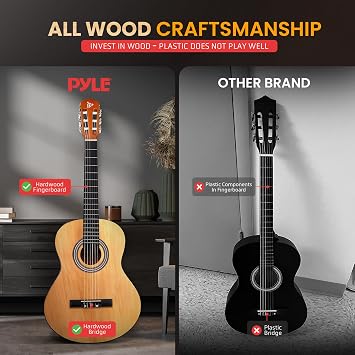 Pyle Beginner Acoustic Guitar Kit, 1/2 Junior Size All Wood Instrument for Kids, Adults, 34 Natural Gloss