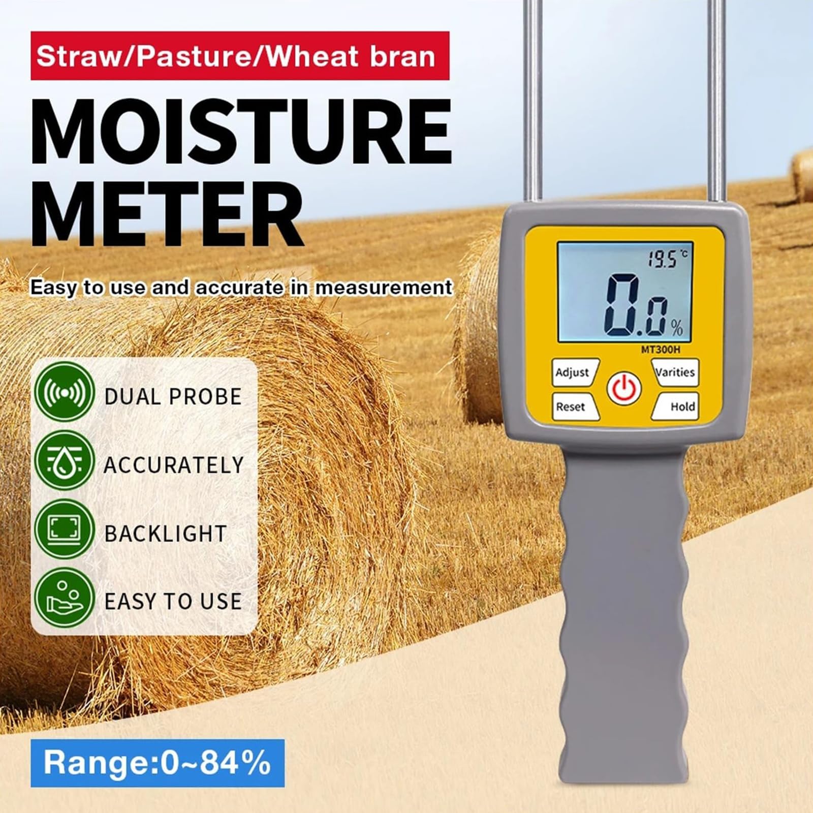 Probador de humedad de heno de doble sonda, medidor de humedad portátil para forraje con pantalla LCD retroiluminada, rango de precisión de 0 a 84 % ± 0,5 %, detector de humedad para paja de césped