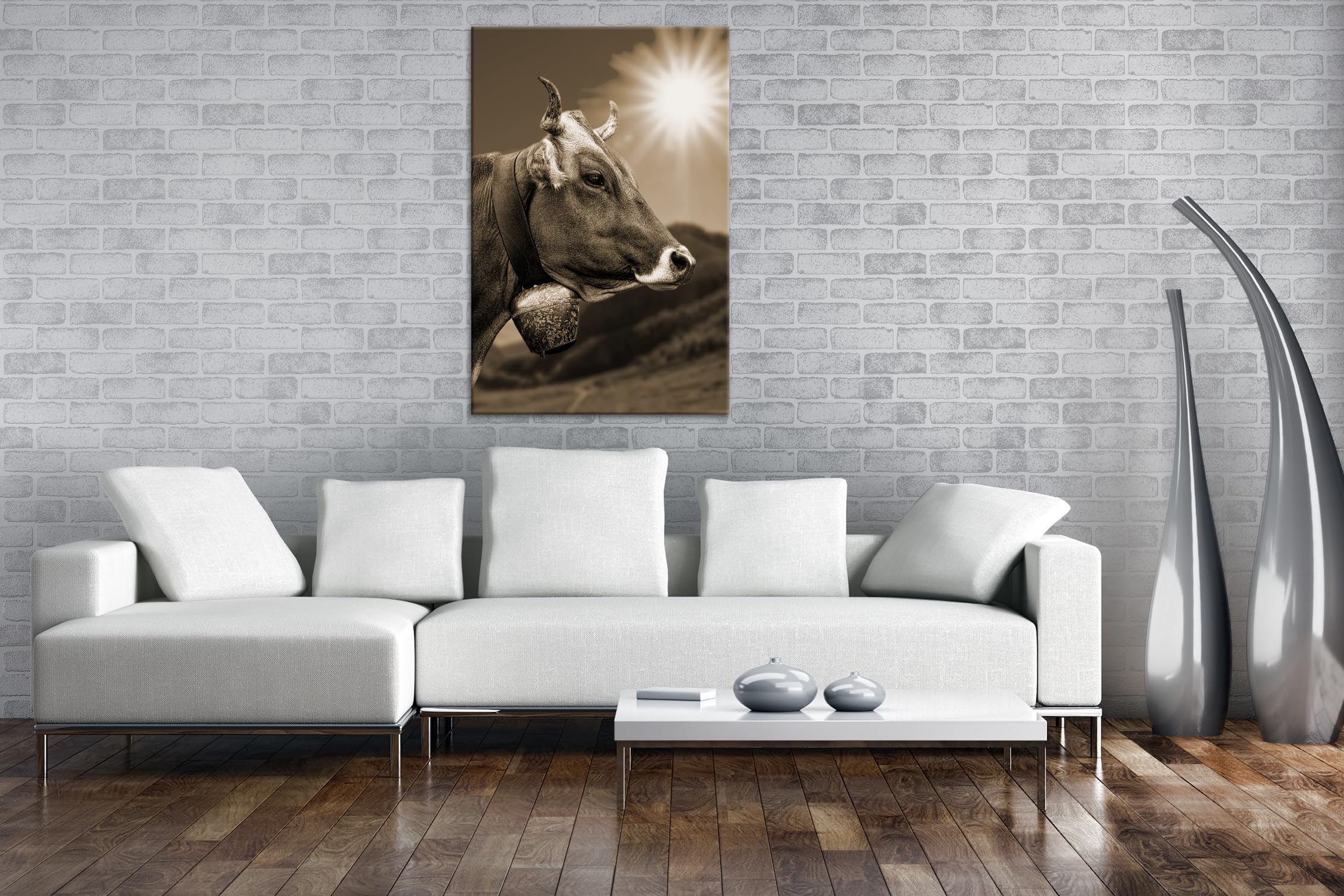 Elegante mucca alpina Formato: 120 x 80 Effetto: Seppia come tela, motivo già incorniciato su cornice in vero legno, stampa digitale di alta qualità con cornice, senza poster o manifesto