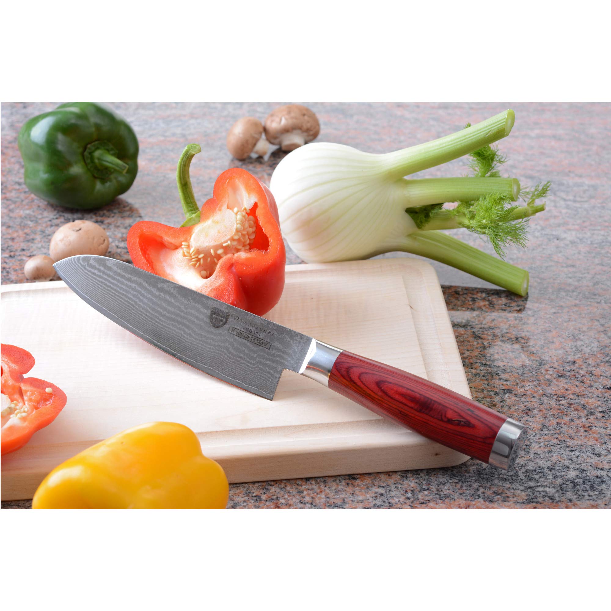 GRÄWE zestaw noży Santoku, 2 sztuki, nóż damasceński z drewnianym uchwytem, ostrze 12 cm i 17 cm w zestawie z osełką 400/1000