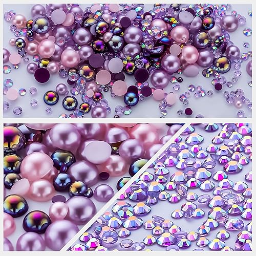 Miniatura 6 de Diamantes de imitación de perlas de amatista claro de 2.12 oz para manualidades, tamaño mixto de 0.116 a 0.394 pulgadas, color AB, medias perlas,