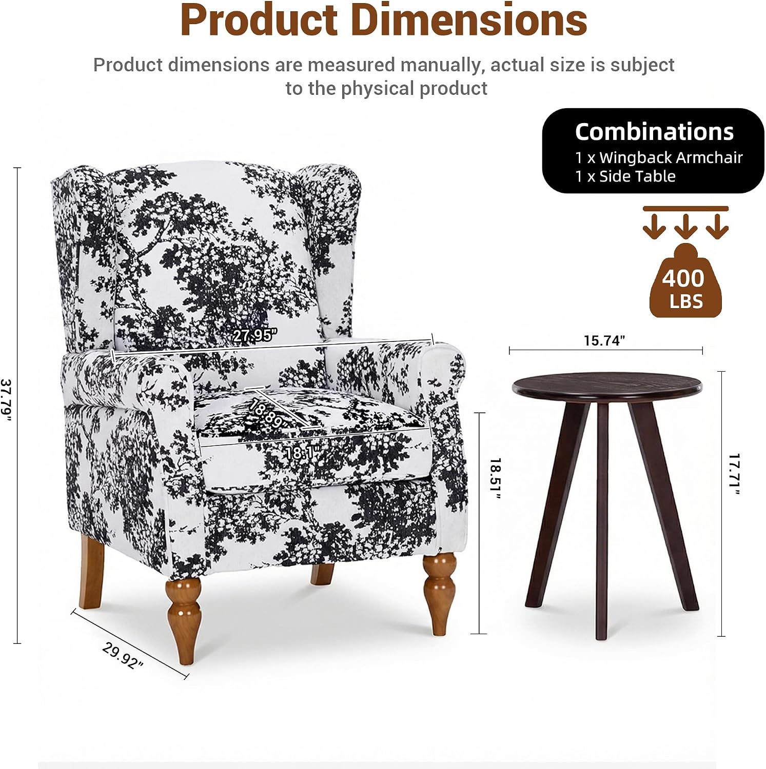 High Back Wingback Accent Chair, Modern Upholstered Armchair Comfy Reading Chair with Solid Wood Legs for Living Room Bedroom Library, Floral