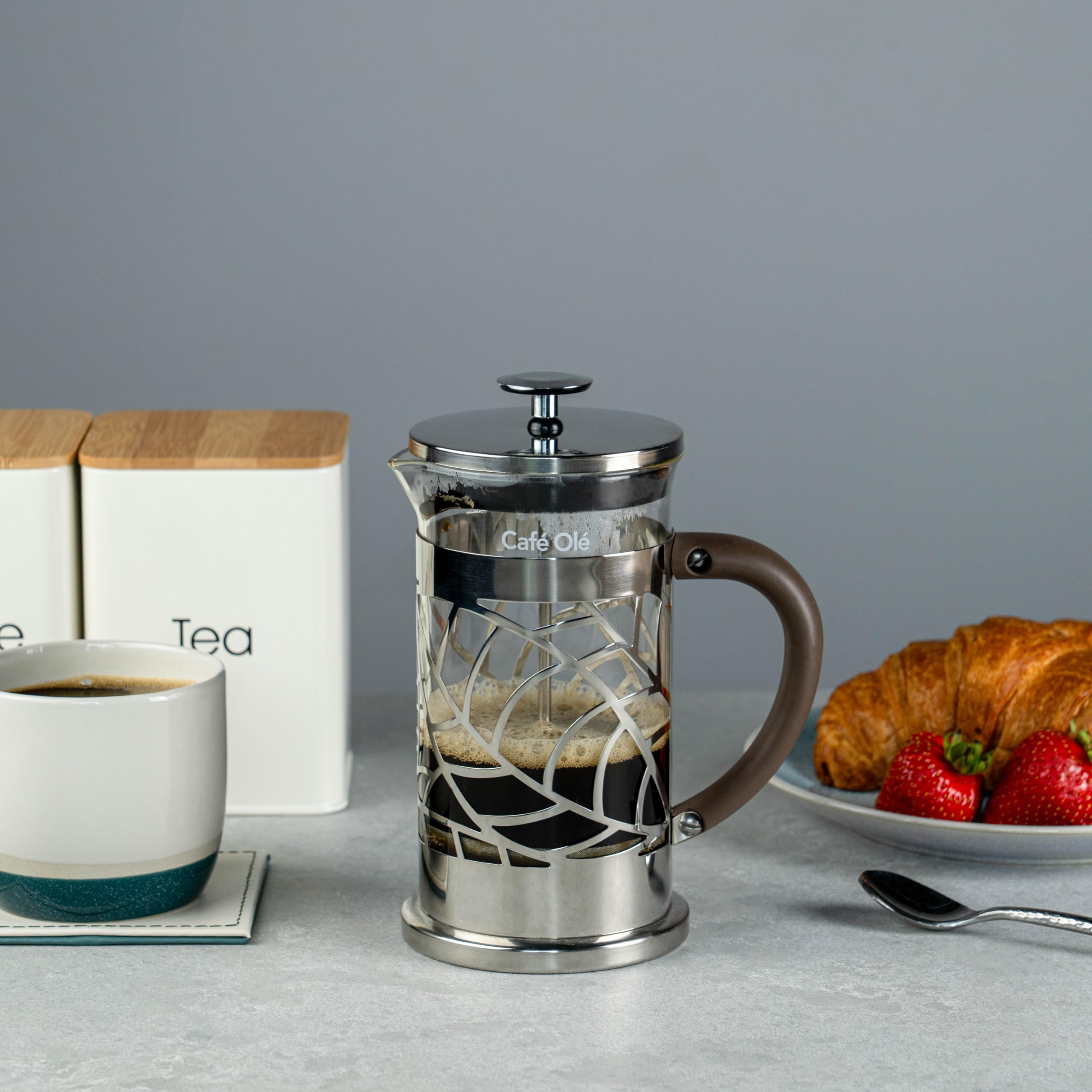 Grunwerg Café Olé Floral przezroczysty zaparzacz do kawy ze stali nierdzewnej 18/10 i szkła 600 ml, 4 filiżanki do mokki, srebrny