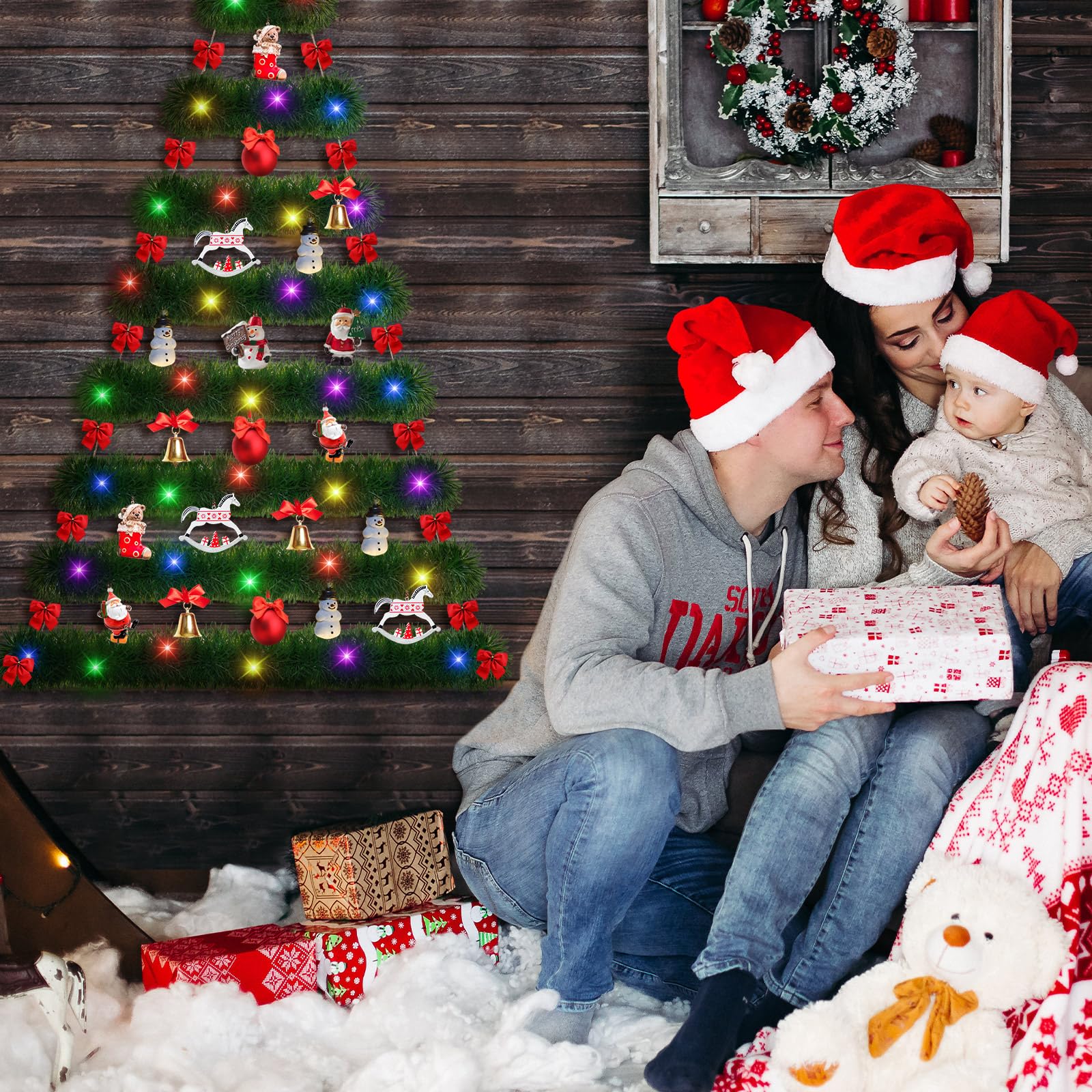 Hollowfly Sapins de Noël en bois à suspendre au mur de 152,4 cm, décoration de Noël avec guirlande de Noël de 6 m avec lumières LED et crochets en métal pour fête rustique