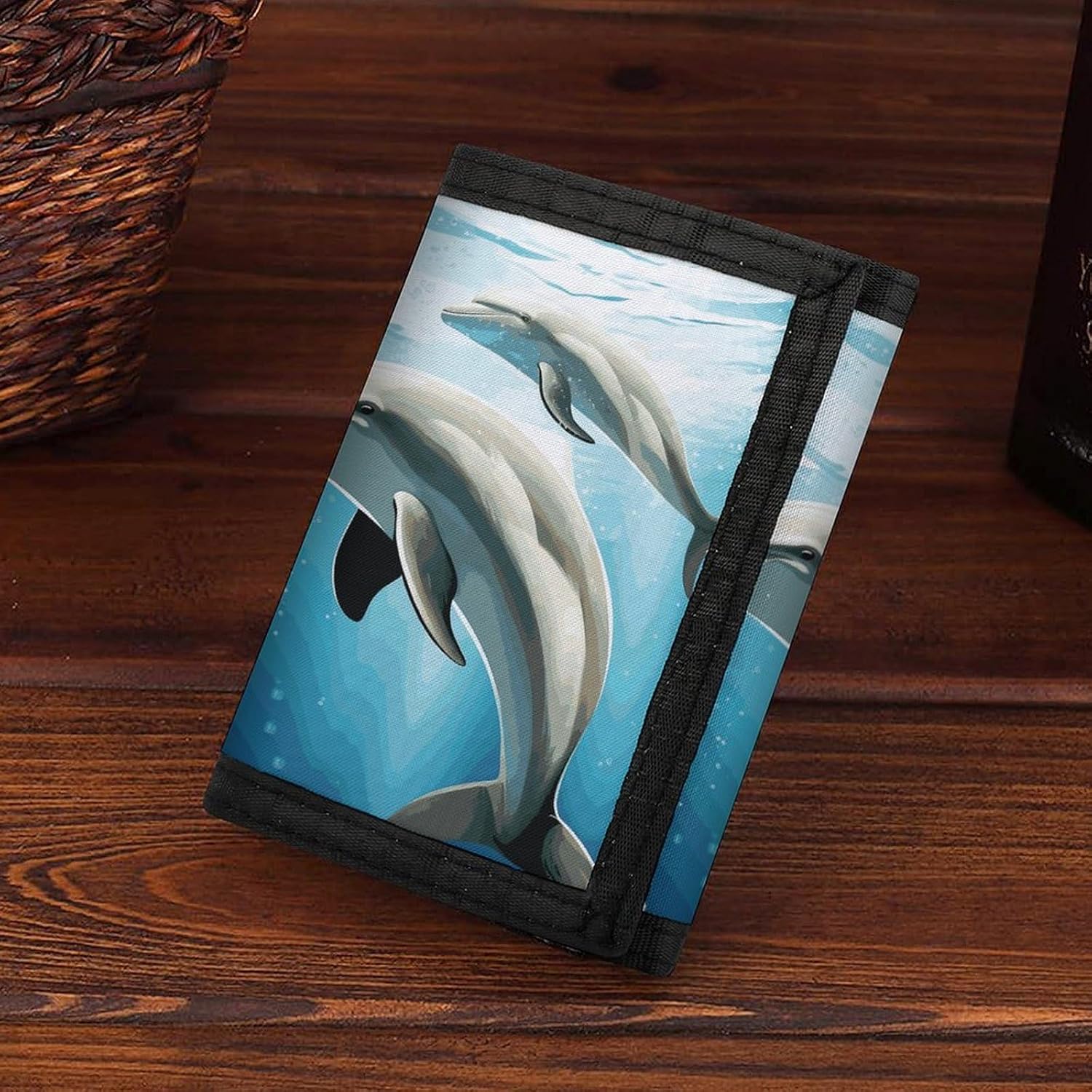 Trifold Canvas Wallet with Keychain, Modern Fashion Credit Card Holder Wallet for Men Women, Kiss Dolphin Tale Slim Wallets W/Zipper Coin Pocket, Novelty Birthday Gift