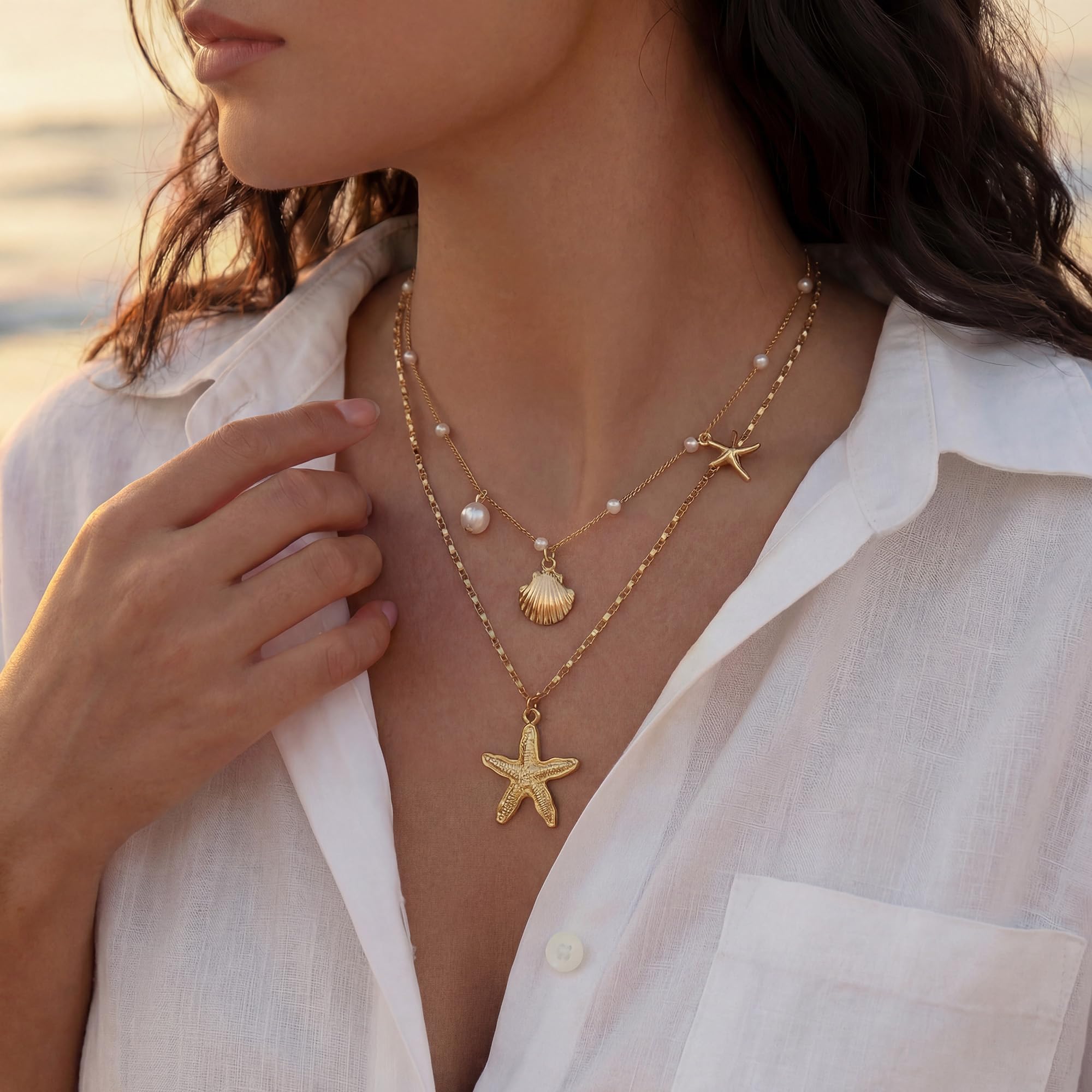 Shell Starfish Necklace for Women, Gold Plated Boho Layered Pendant Necklace with Pearl Conch Charm, Dainty Coastal Summer Beach Vacation Jewelry Gifts — view 4