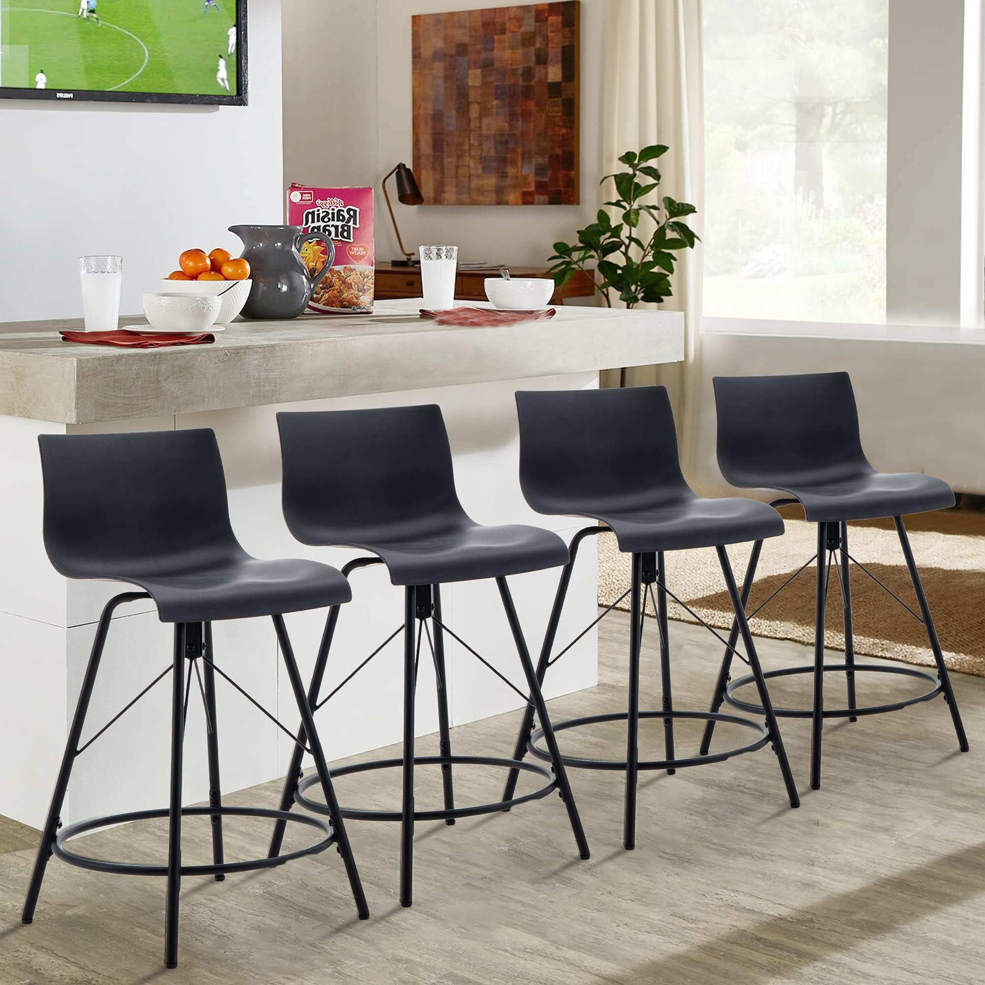 annjoe 回転式バースツール メタルカウンター高さスツール プラスチックシートチェア 4点セット 屋内/屋外/ホームキッチンビジネス用(26インチ ブラック)