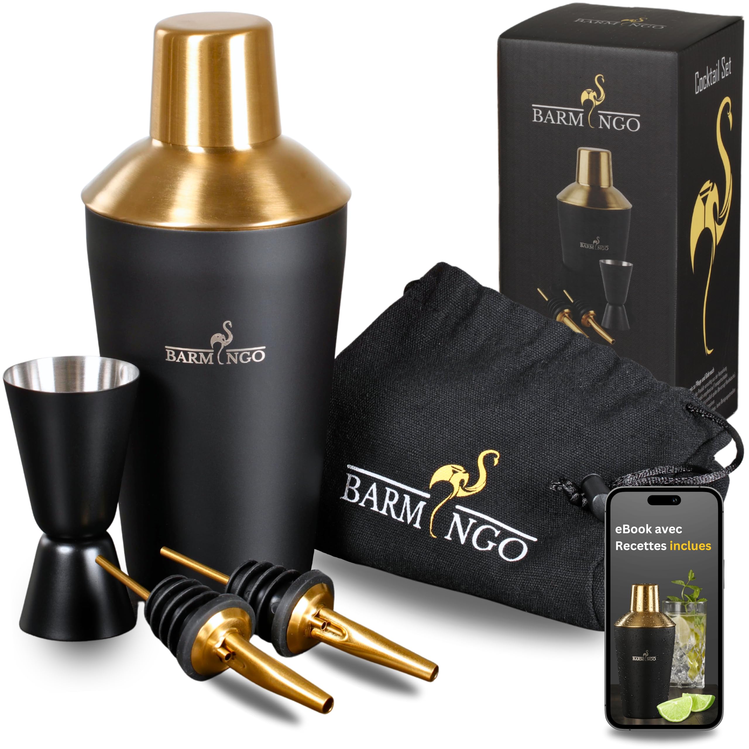 Kit Barman 11 Pièces Doré - Shaker Cocktail Acier Inoxydable - Avec Support Bois Et Recettes