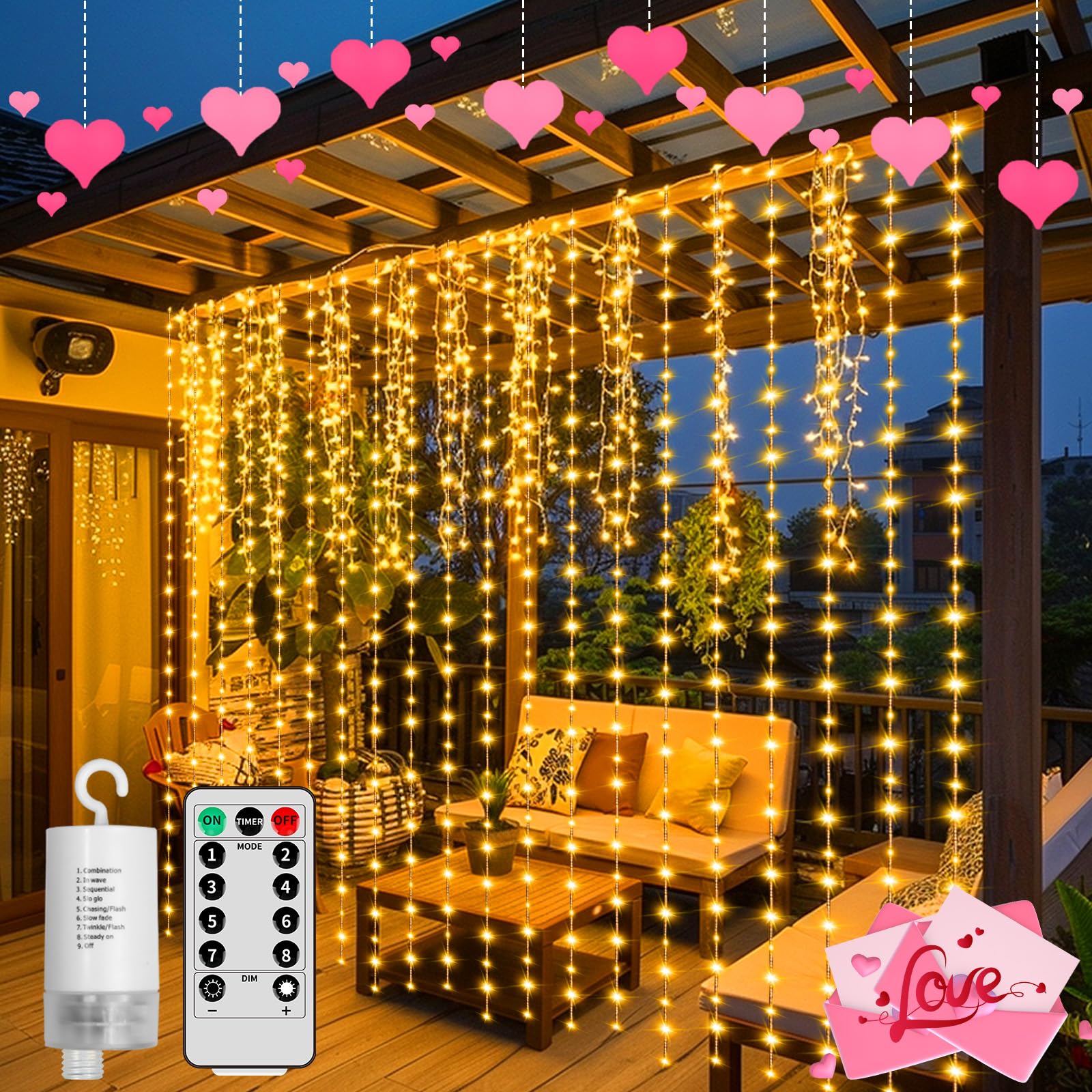 GCMacau Luces Navidad Exterior Batería 300 Led, 3x3m Guirnalda De Luces Para Interior/Exterior, Guirnalda De Luces Colgante Mando Distancia, Guirnalda Luces Para Dormitorio, Patio, Boda