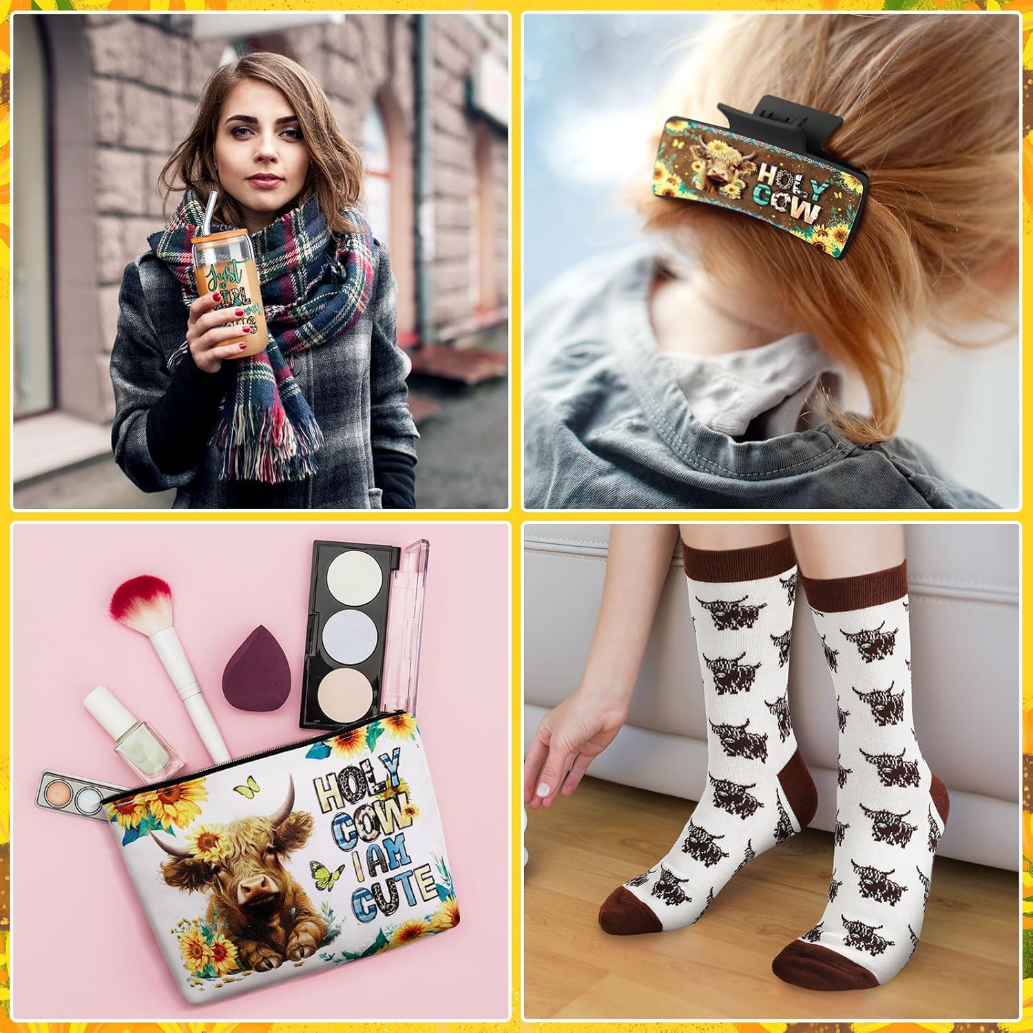 Skylety 8 Pcs Western Highland Cow Gifts for Women Include 16 oz Glass Cup with Lid and Straw, Canvas Tote Bag Keychain Socks Hair Claw Clips Card Girl Toiletry Bag for Christmas Highland Cow Lover - Image 6