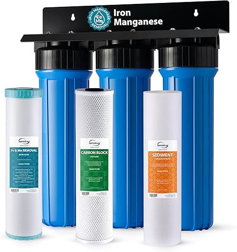 iSpring Whole House Water Filter System w/ Sediment, Carbon, and Iron & Manganese Reducing Water Filters, 3-Stage Iron Filter Whole House, Model: WGB32BM