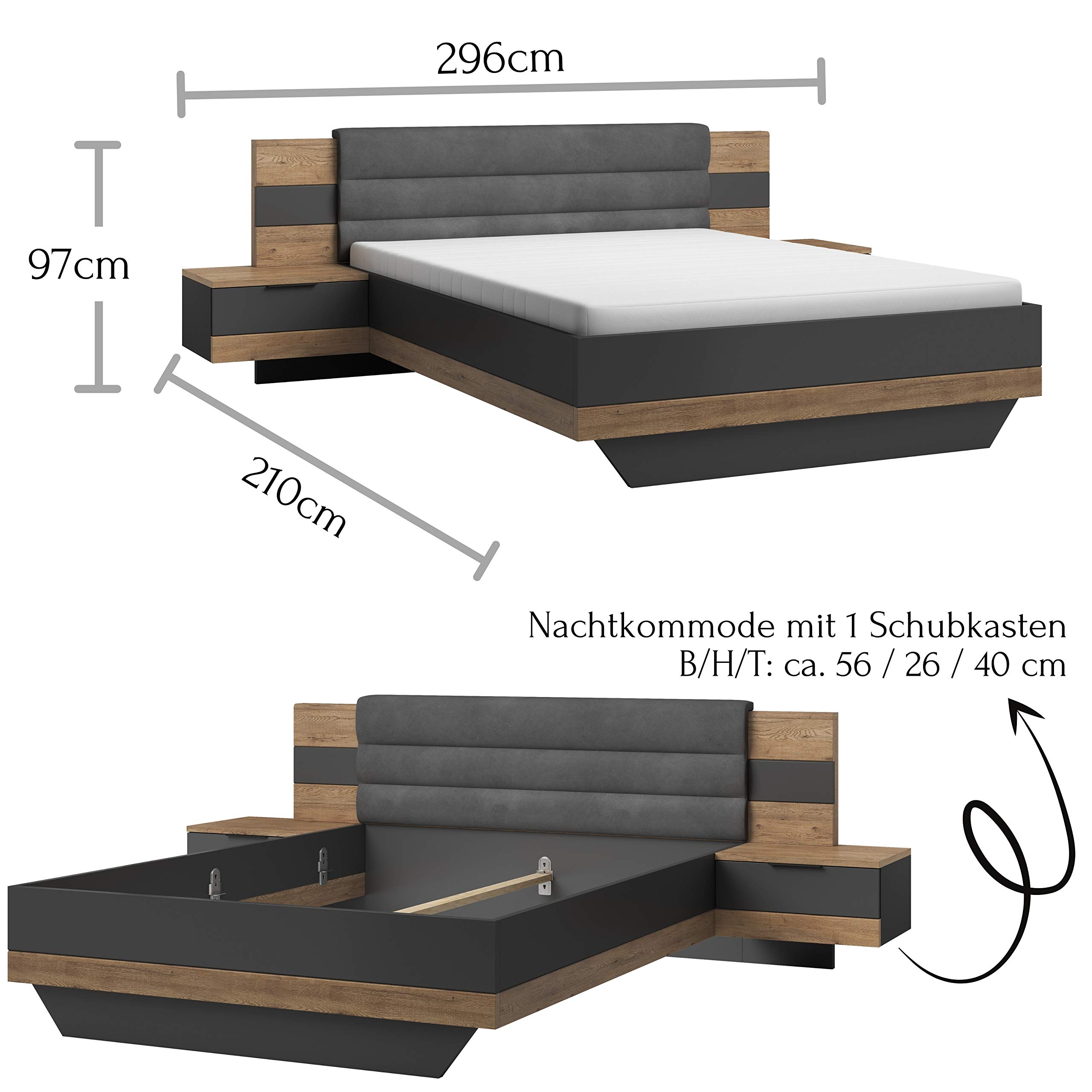 Stella Trading LINEA Stilvolle Doppelbett Bettanlage 180 x 200 cm mit 2x Nachtkommoden - Schlafzimmer Komplett-Set in Bartex Eiche Optik, Graphit - 296 x 97 x 210 cm (B/H/T)