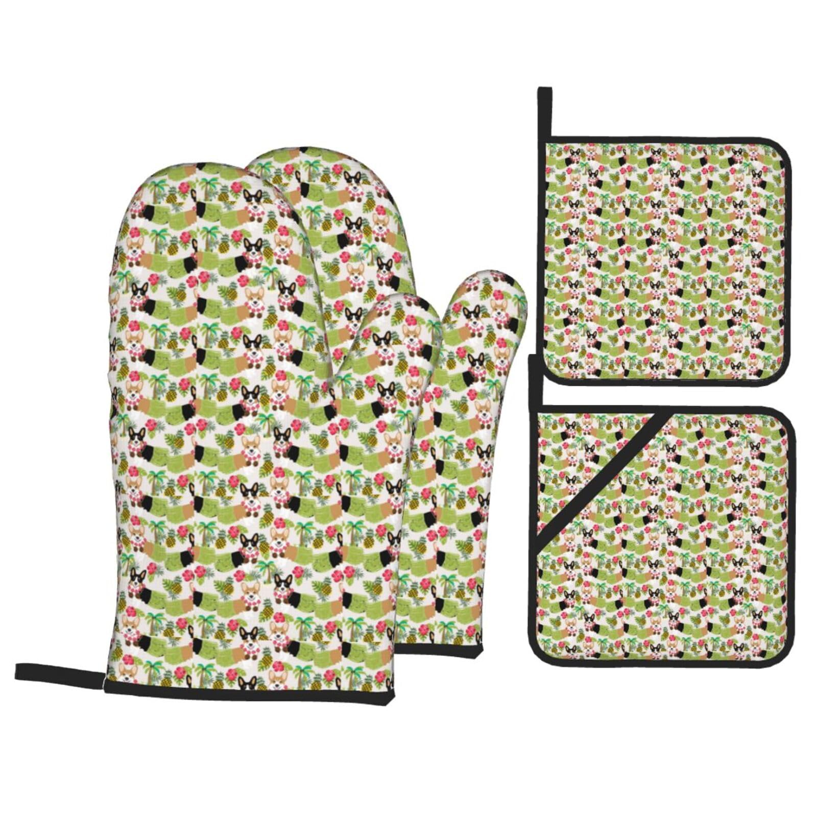 Tropical Flower And Corgi Print Stylish Heat-Resistant Oven 4-Piece Set Kitchen Gloves Roasting Daily Cooking