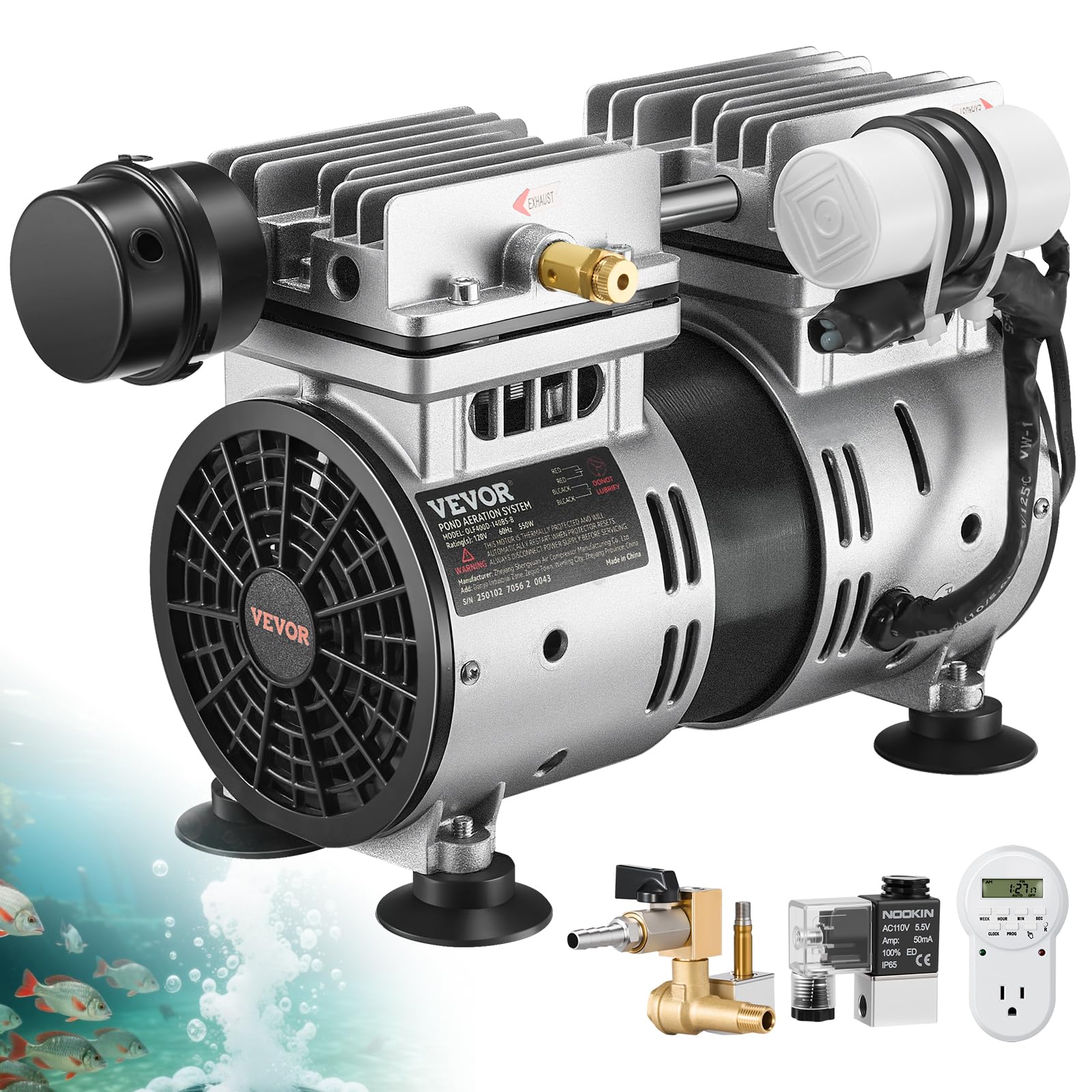 VEVOR Aeratore per Laghetto, Potenza 550 W 8,83 CMH per Lago Kit di Aerazione per Laghetto Include Compressore Timer Valvole, Compressore d'Aria per Circolazione dell'Ossigeno in Acque Profonde