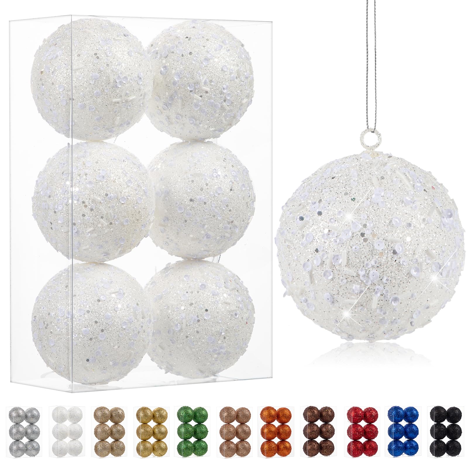 Oairse Adornos grandes de Navidad de 10 cm, 6 piezas inastillables grandes blancas para árbol de Navidad, adornos de árbol de Navidad con purpurina para Halloween, vacaciones, boda, decoración de