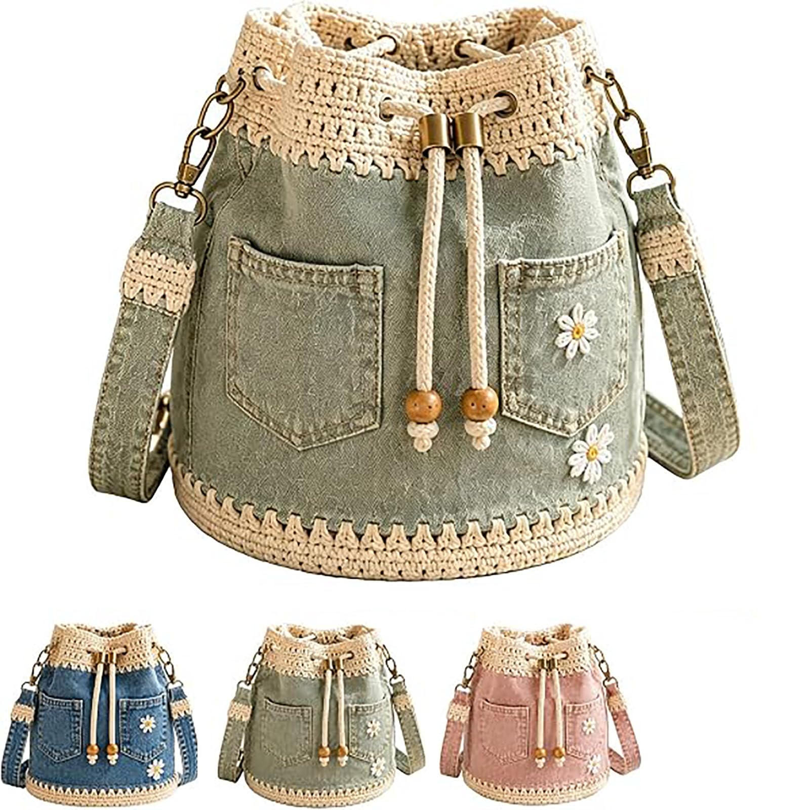 Borsa a secchiello in denim e crochet, borsa vintage in jeans lavorata all'uncinetto con motivo a margherita; ideale per viaggi, shopping, spiaggia e uso quotidiano.