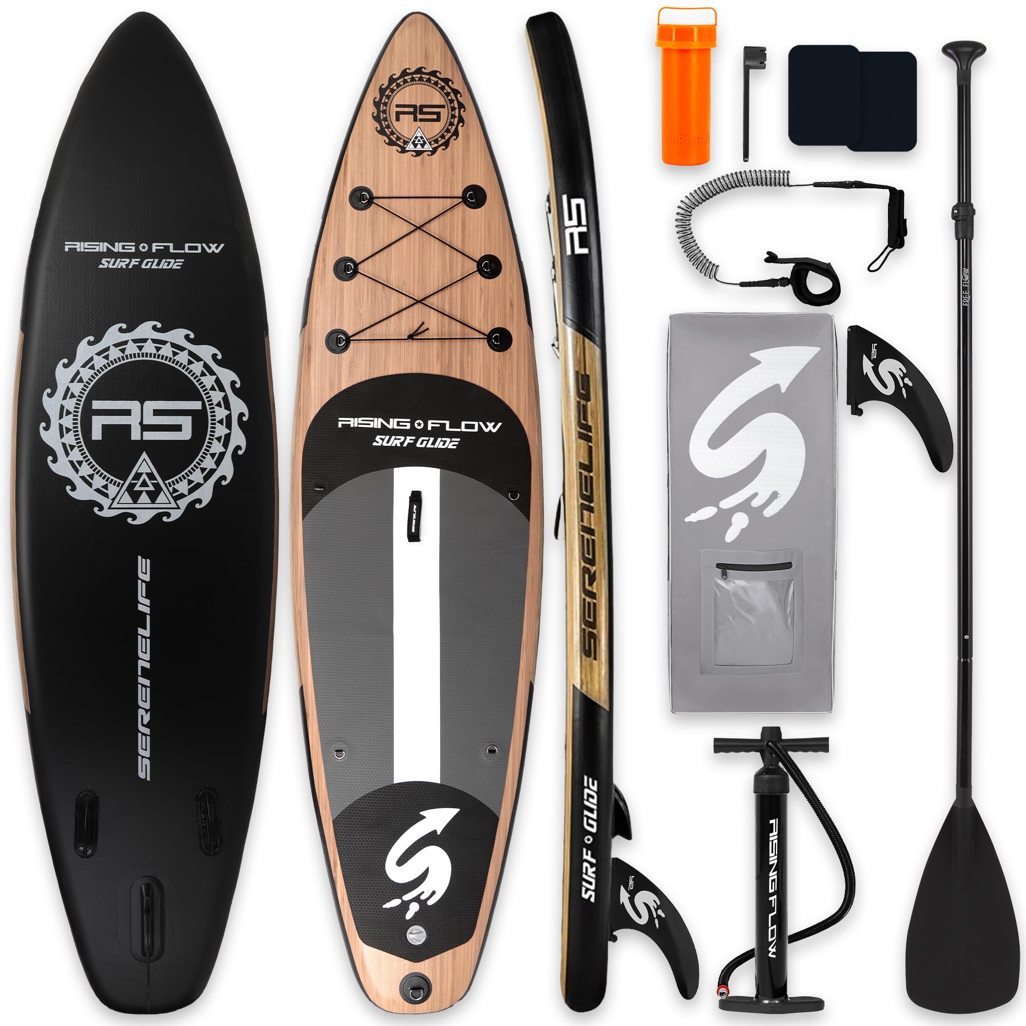SereneLife 10’6” Inflatable Stand Up Paddle Board with Premium SUP Accessories - 32” Wide Stable Design with Non-Slip EVA Deck Pad, for Youth and Adults, 350 lbs. Capacity, Natural Brown