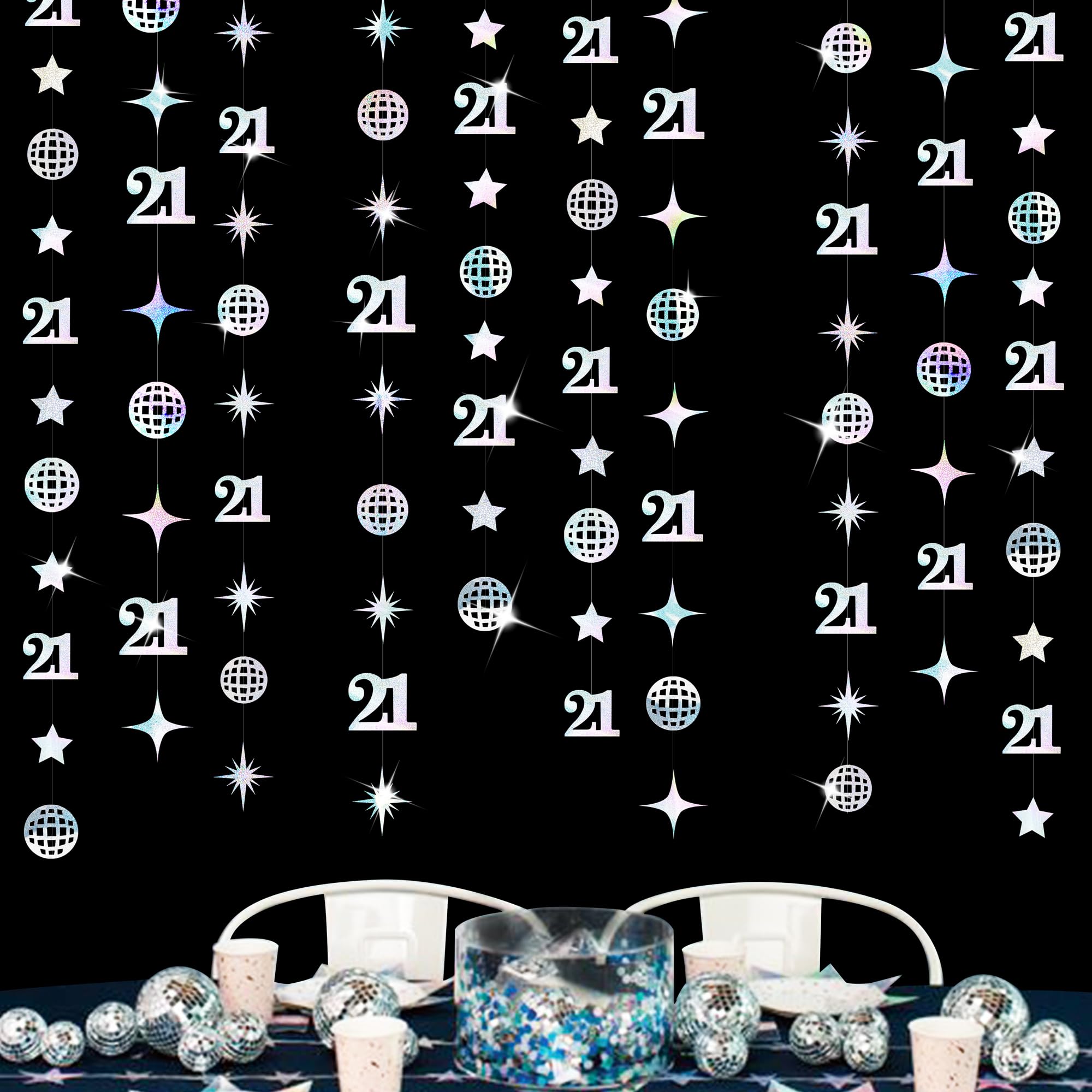 Iridescent 21st Disco Birthday Decorations Laser Number 21 Disco Ball Twinkle Star Garland Metallic Banner Backdrop for Girls Boys Happy 21st Birthday Finally Legal Cheers to 21 Years Party Decor