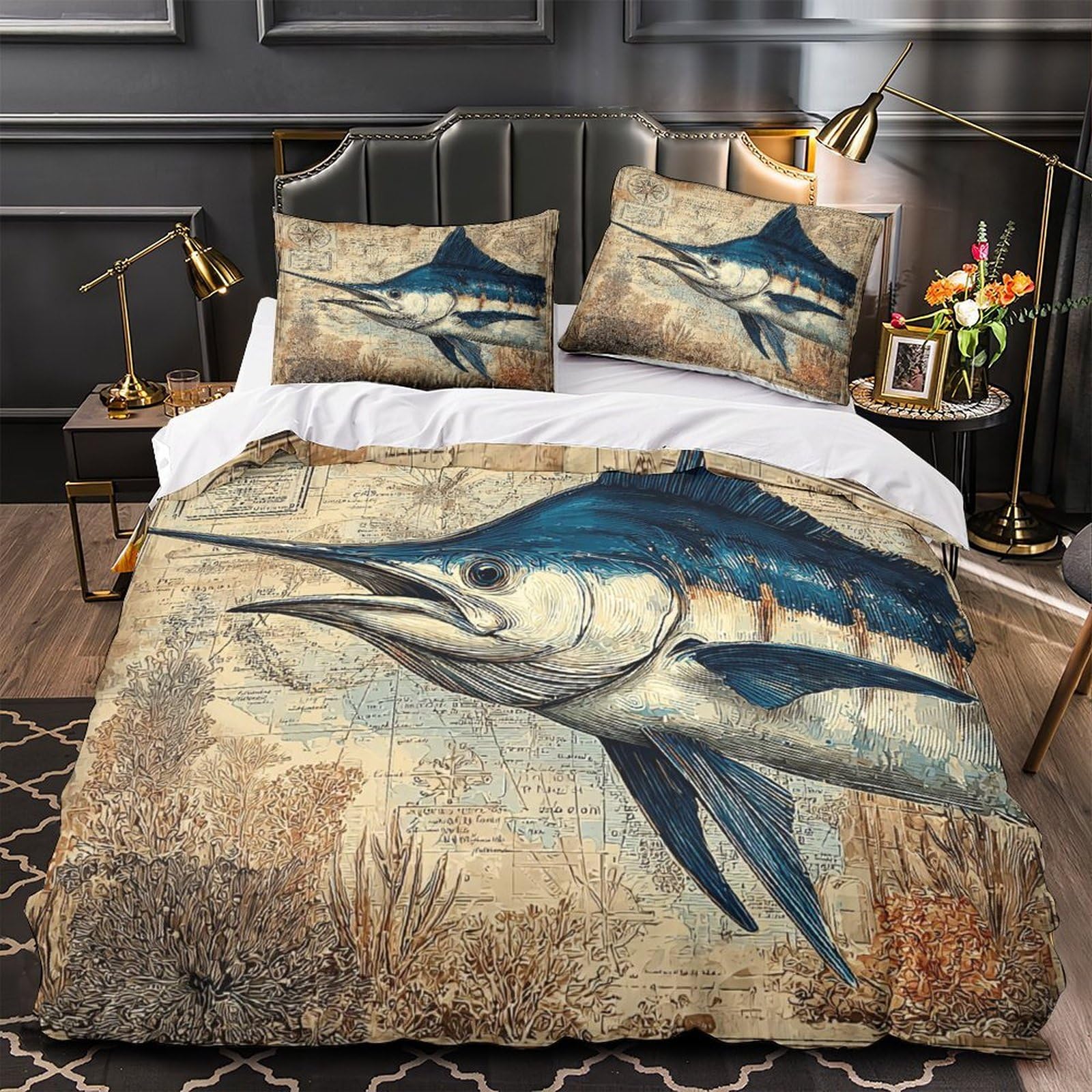 YVASPQRTW Marlin fish 3D Pattern Comforter Cover 3pcs Ultra-Soft Microfibre Skin-Friendly Vintage nautical Quilt Cover 2 Pillow Shams Zippered Closure Machine Washable Kids & Teens Double（200x200cm）