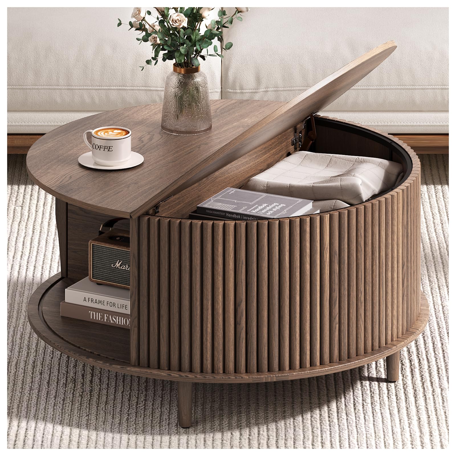 JOINICE,Round Coffee Table with Storage, 31.5" Fluted Center Table for Living Room, Modern Walnut Wood Circle Drum Table with Sliding Cabinet Door, Mid Century Furniture for Small Space — view 7