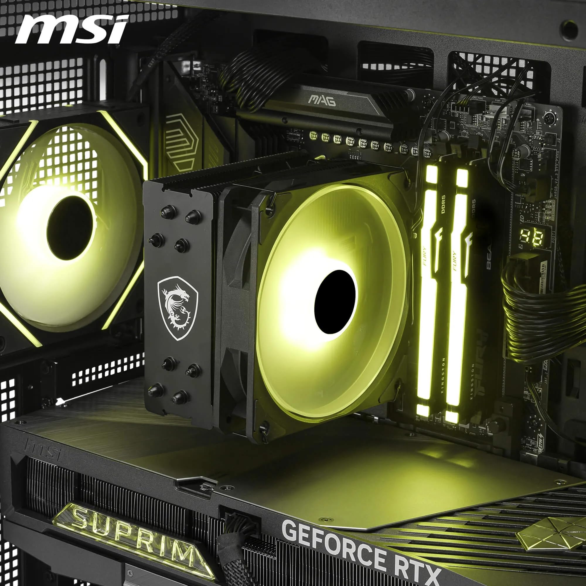 MSI MAG COREFROZR AA13 Ventirad pour processeur - Quatre caloducs en cuivre de 6 mm à contact direct, ARGB, CycloBlade 7, pâte thermique pré-appliquée, ventilateurs à roulement à billes.