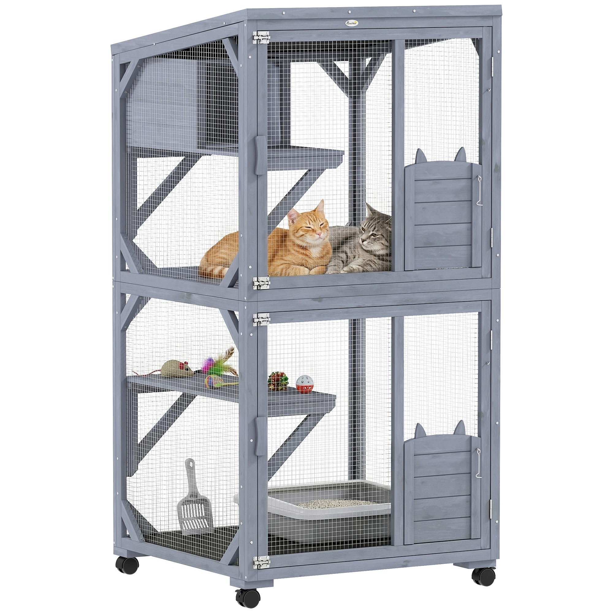 PawHut Outdoor Catio Cat House, Movable Wooden Cat Enclosure on Exercise Wheels with Resting Box, 3 Jumping Platforms, Large Kitty Cage with Waterproof Asphalt Roof for Outdoor Indoor, for 2 Kittens