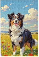 500 Piece Happy Australian Shepherd Dog Jigsaw Puzzle for Adults – Vibrant Flower Meadow Artwork, Challenging, Relaxing Wooden Brain Teaser, Great Gift Idea