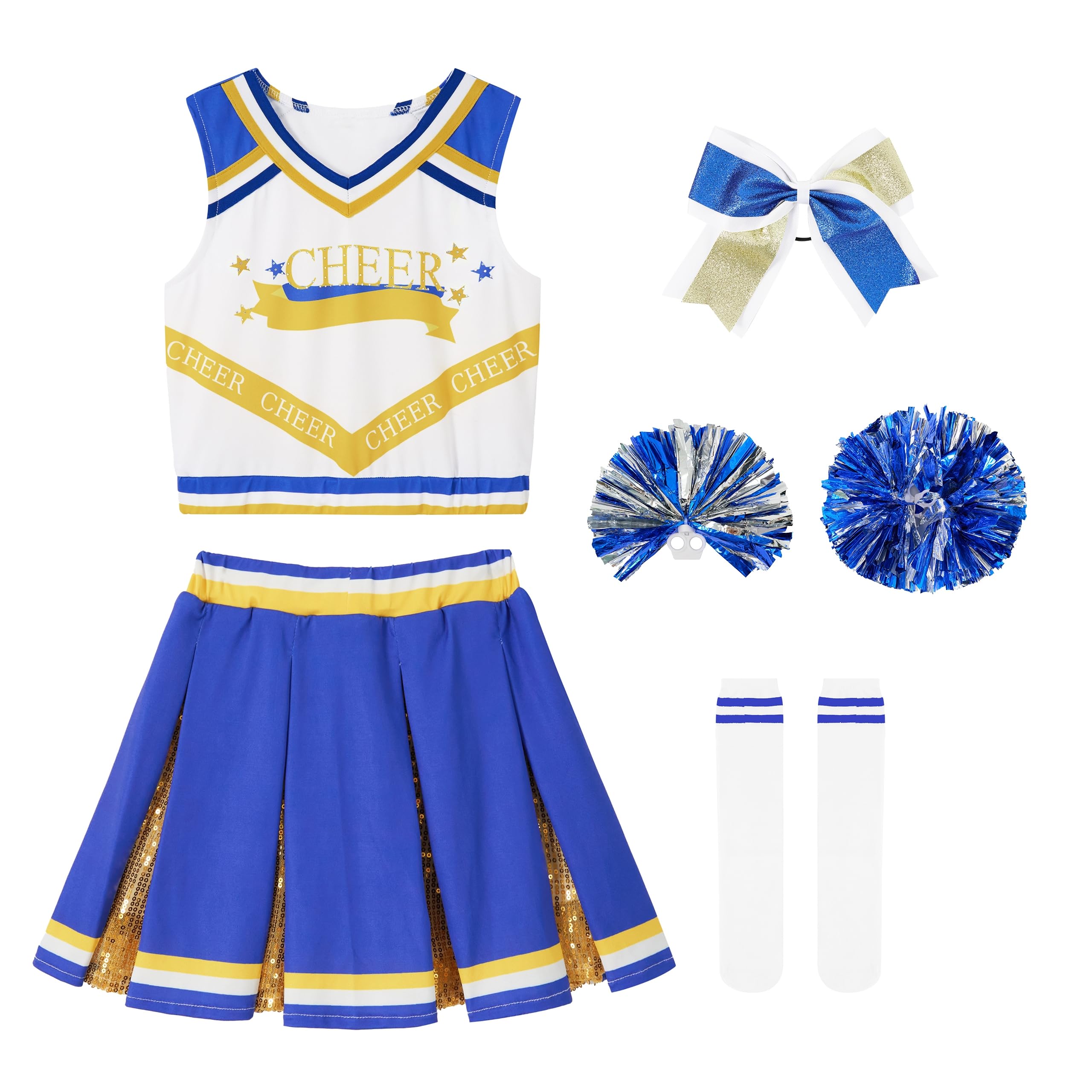 LOLANTA Disfraz de Animadora para Niñas,Traje Animadora con Pompones, Disfraces Cheerleader Halloween para Niñas, 5-13 años