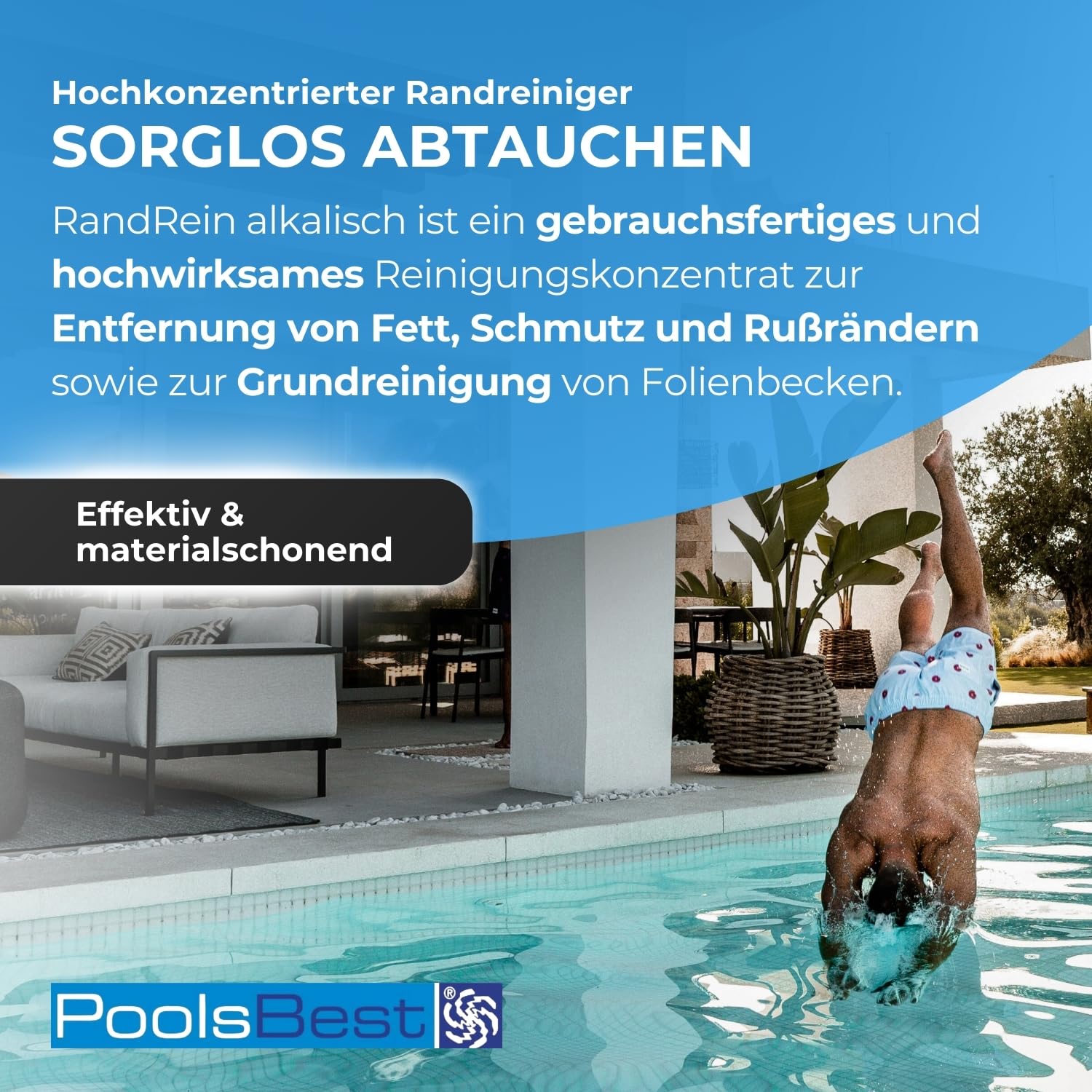 PoolsBest Randreiniger Super 1L I hochkonzentrierter Pool Randreiniger I materialschonender Oberflächenreiniger I alkalischer Reiniger auch für Whirlpool & Planschbecken