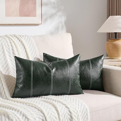 Miniatura 2 de Fancy Homi Fundas de almohada decorativas lumbares de piel sintética de color verde oscuro de 12 x 20 pulgadas para sala de estar, sofá cama,