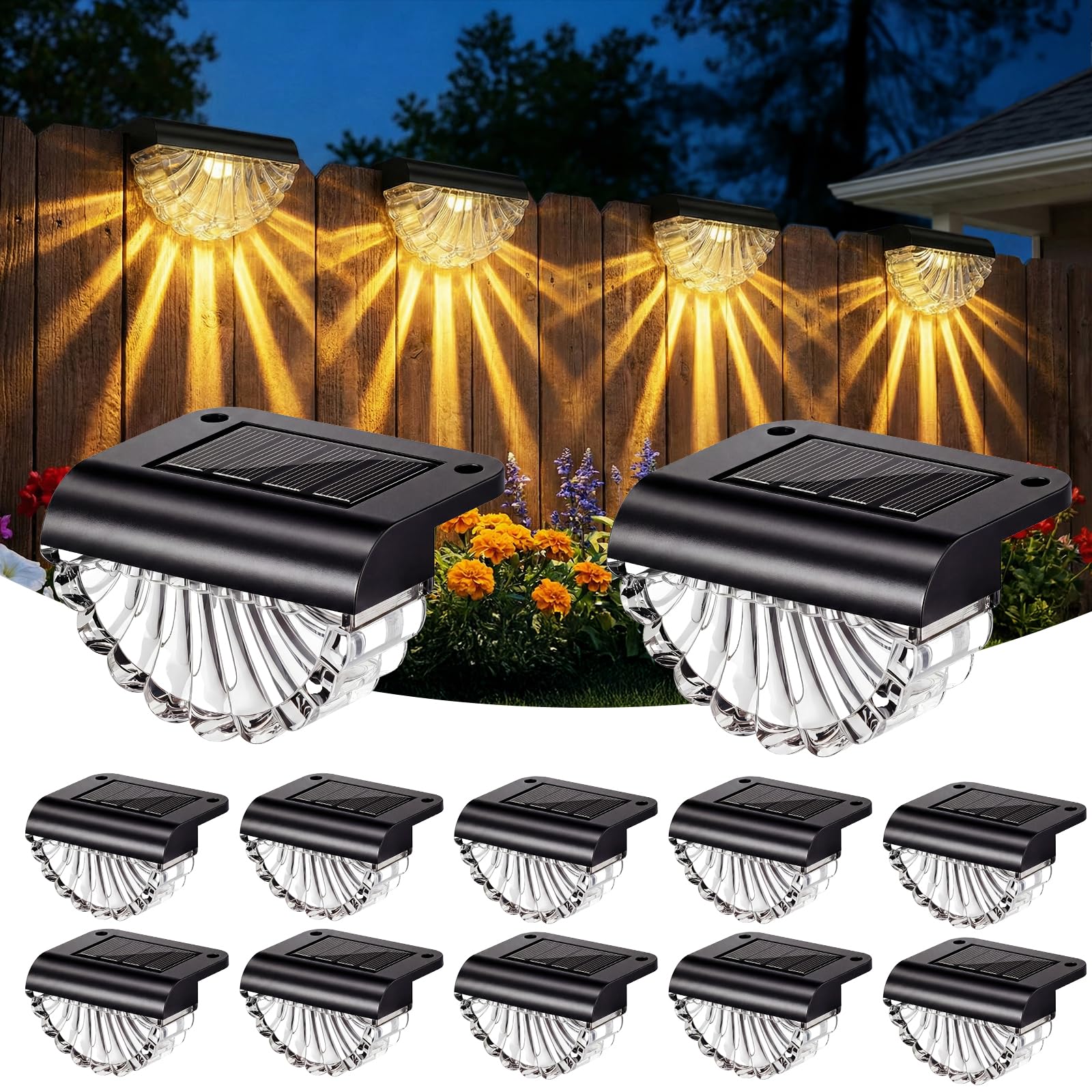 GEARLITE Solarlampen für Außen Garten, 12 Stück Extra Hell LED Solarleuchten für Aussen, IP65 Wasserdichte Muschel Solar Zaunleuchten für Außen, Garten Deko, Balkon, Terrasse, Wand, Treppen(Warmweiß)