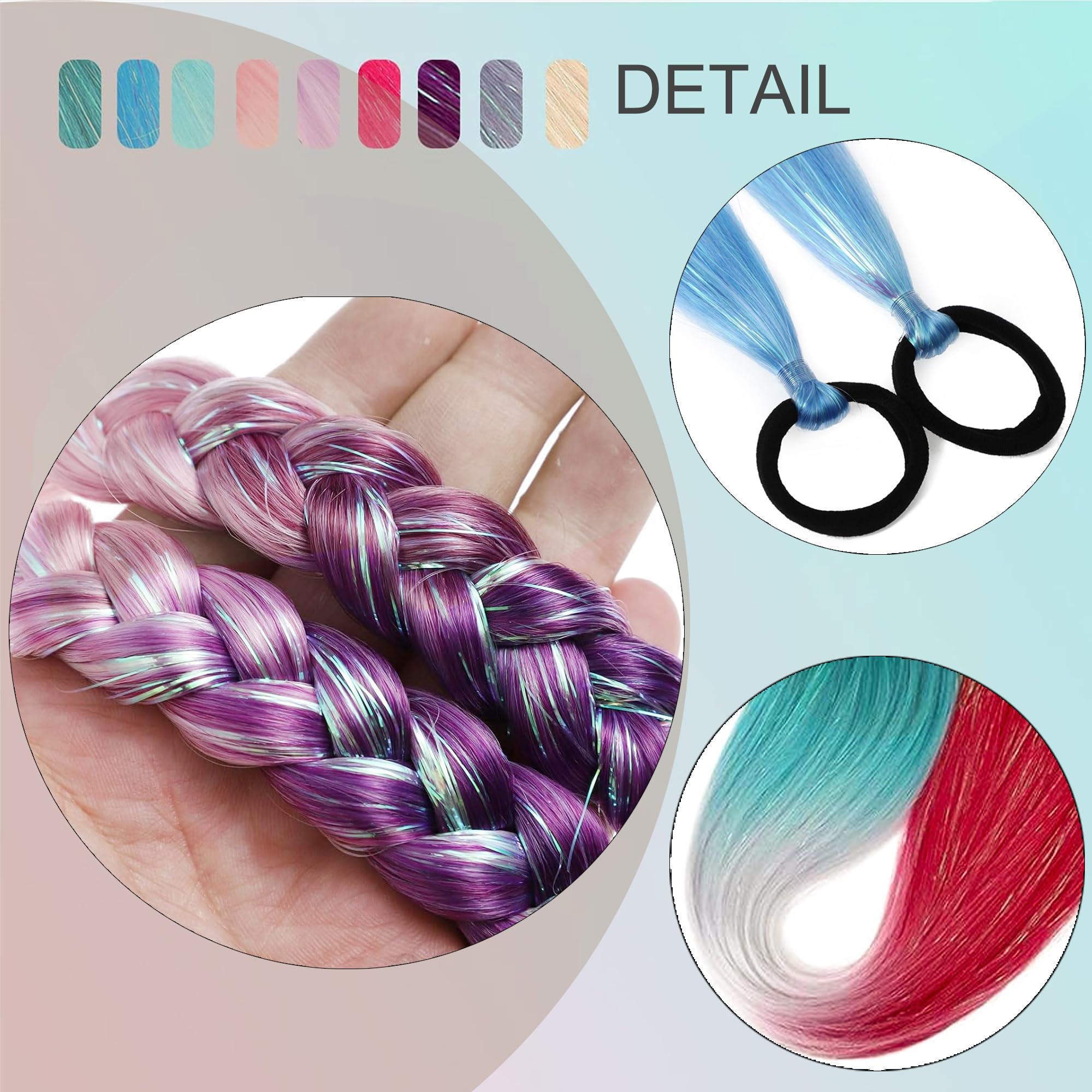 PORSMEER 3 Packs Ponytail Extension 24 inch Colored Hair Extensions for Braiding Rainbow Pony Tail Hair Extensions for Braids with Hair Tie Glitter Hair for Festival/Party,Green to Silver Grey to Red - Image 4