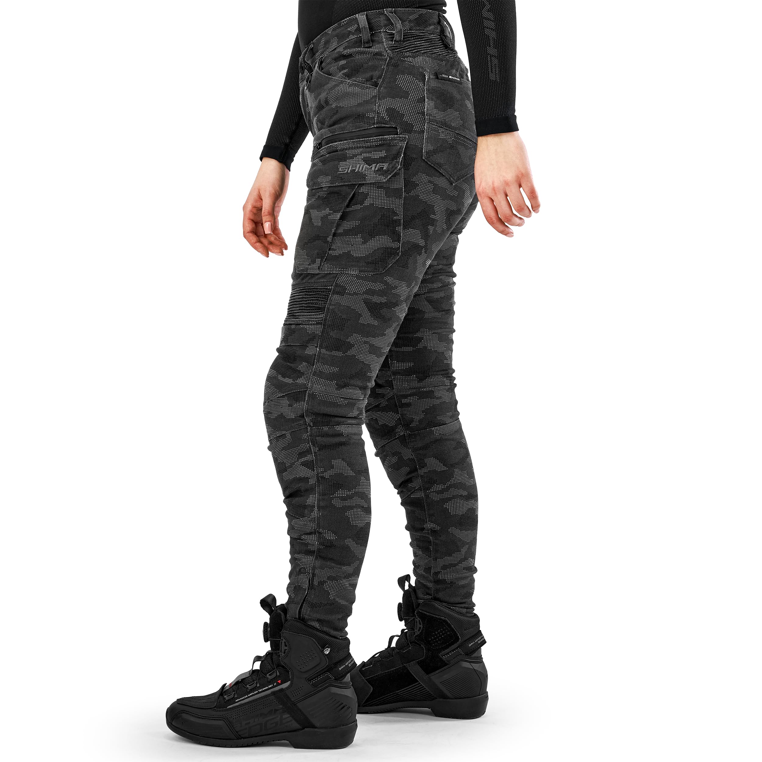 SHIMA Giro 3.0 Damskie spodnie motocyklowe Ochraniacze AirForce Homologowane obcisłe Tekstylia Cargo Urban Spodnie Ochronne Kolana Wentylowane Elastyczne Odzież Letnia (Damska, Camo, 24/30)
