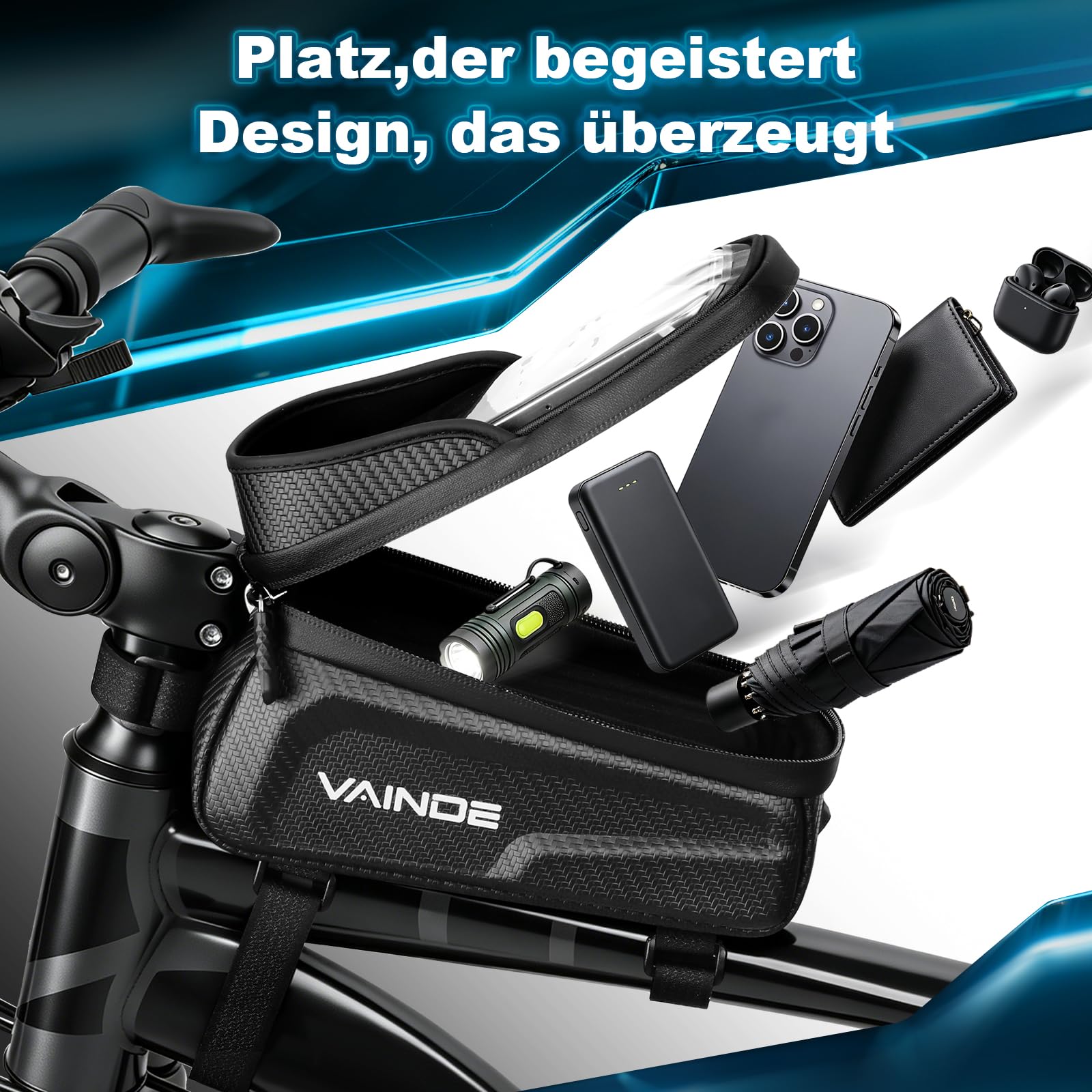 2er Set Fahrradtasche Rahmen, Rahmentasche Fahrrad, Lenkertasche Wasserabweisend Handytasche für Smartphone bis zu 6.8 Zoll mit TPU Sensitivem Touchscreen für Montainbikes, Rennrad, Ebikes.