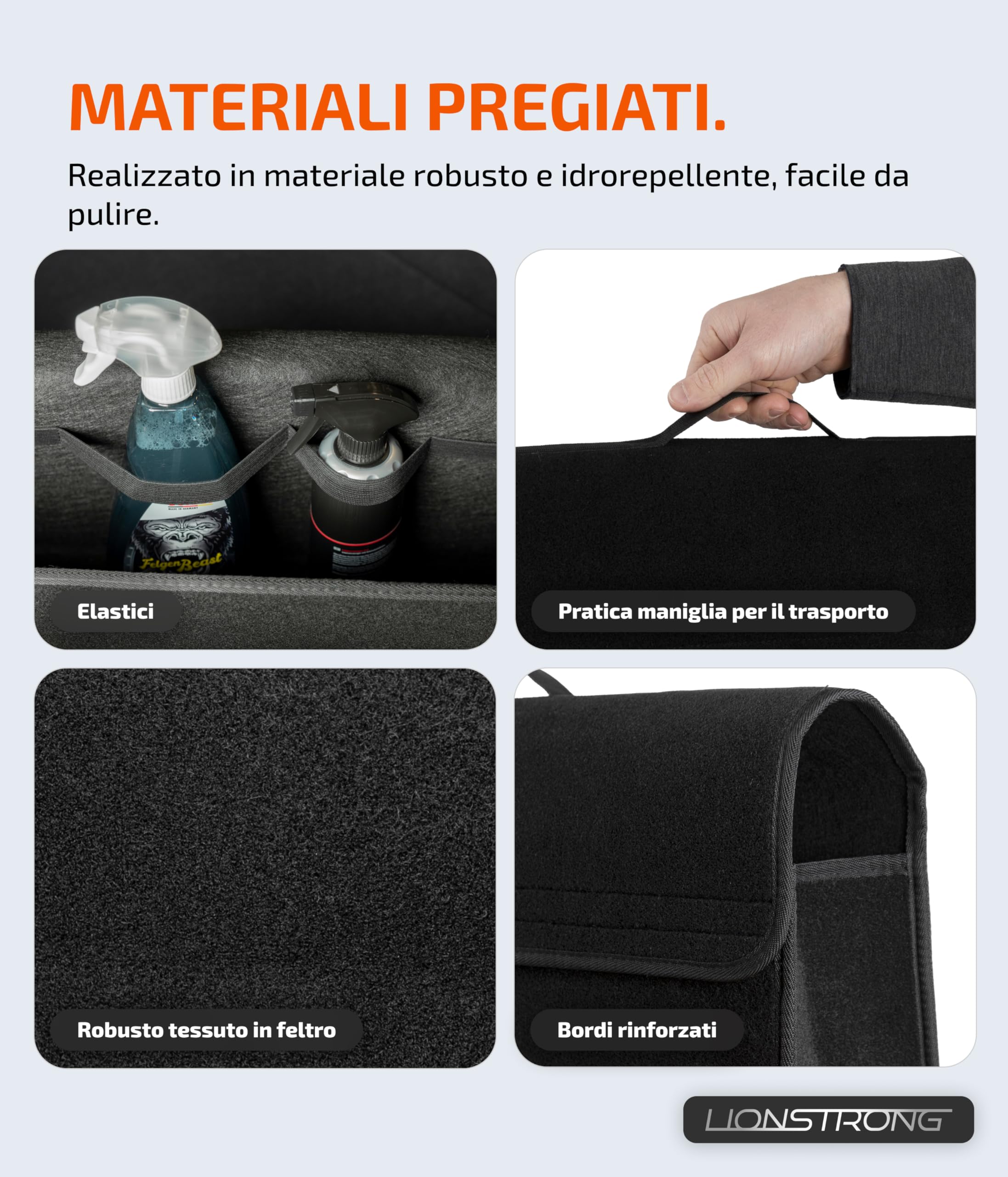 LIONSTRONG® Borsa da Bagagliaio Auto [FELTRO DI ALTA QUALITÀ] – Pieghevole – Con strisce a strappo per fissaggio antiscivolo – Borsa per strumenti – Accessori auto – Universale per tutte le auto