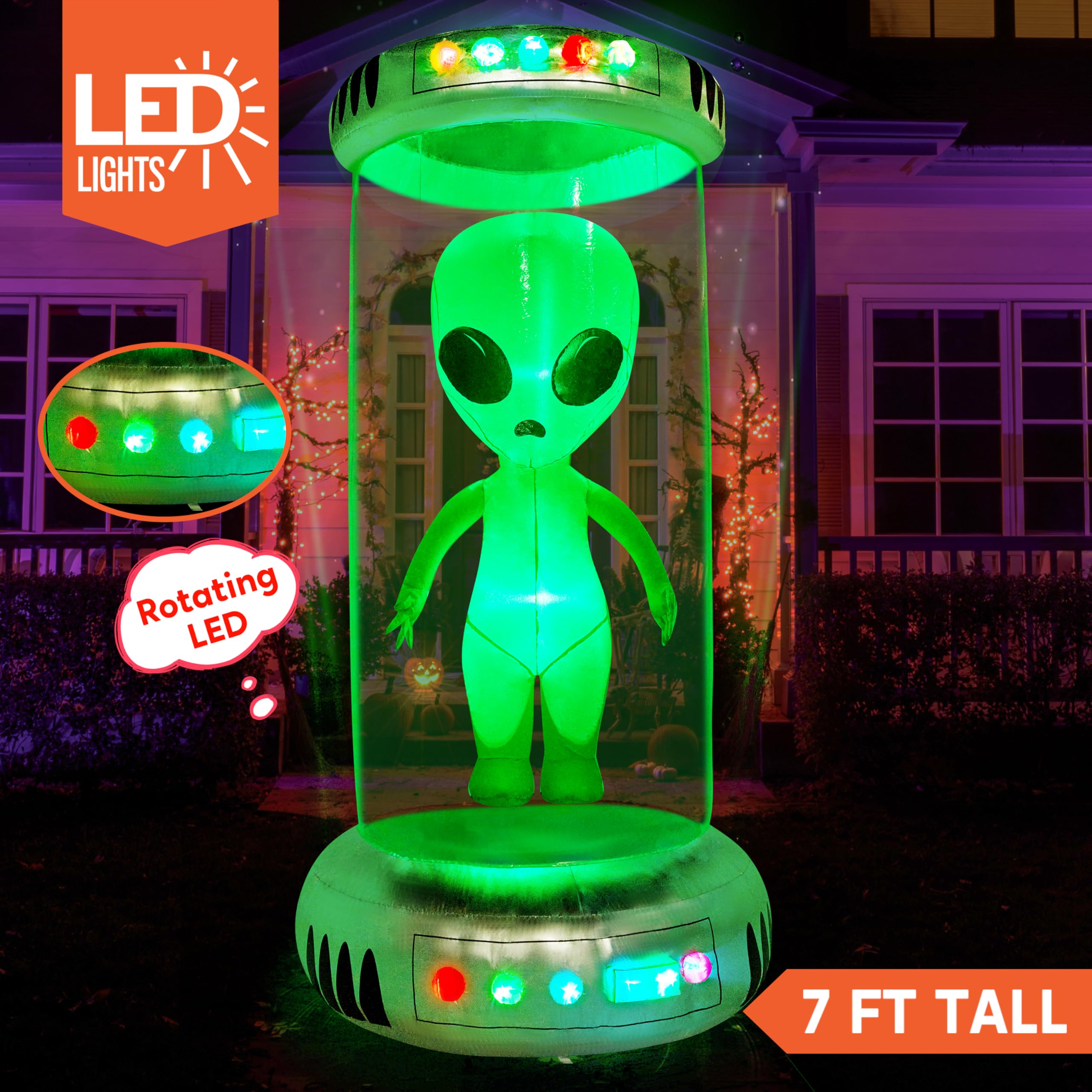 Joiedomi 7 Fuß hoher aufblasbarer Halloween-Alien mit riesigem Reagenzglas und integrierten animierten Lichtern. Perfekt für Halloween, Outdoor-Partys, Garten-, Rasen- und Hofdekoration.