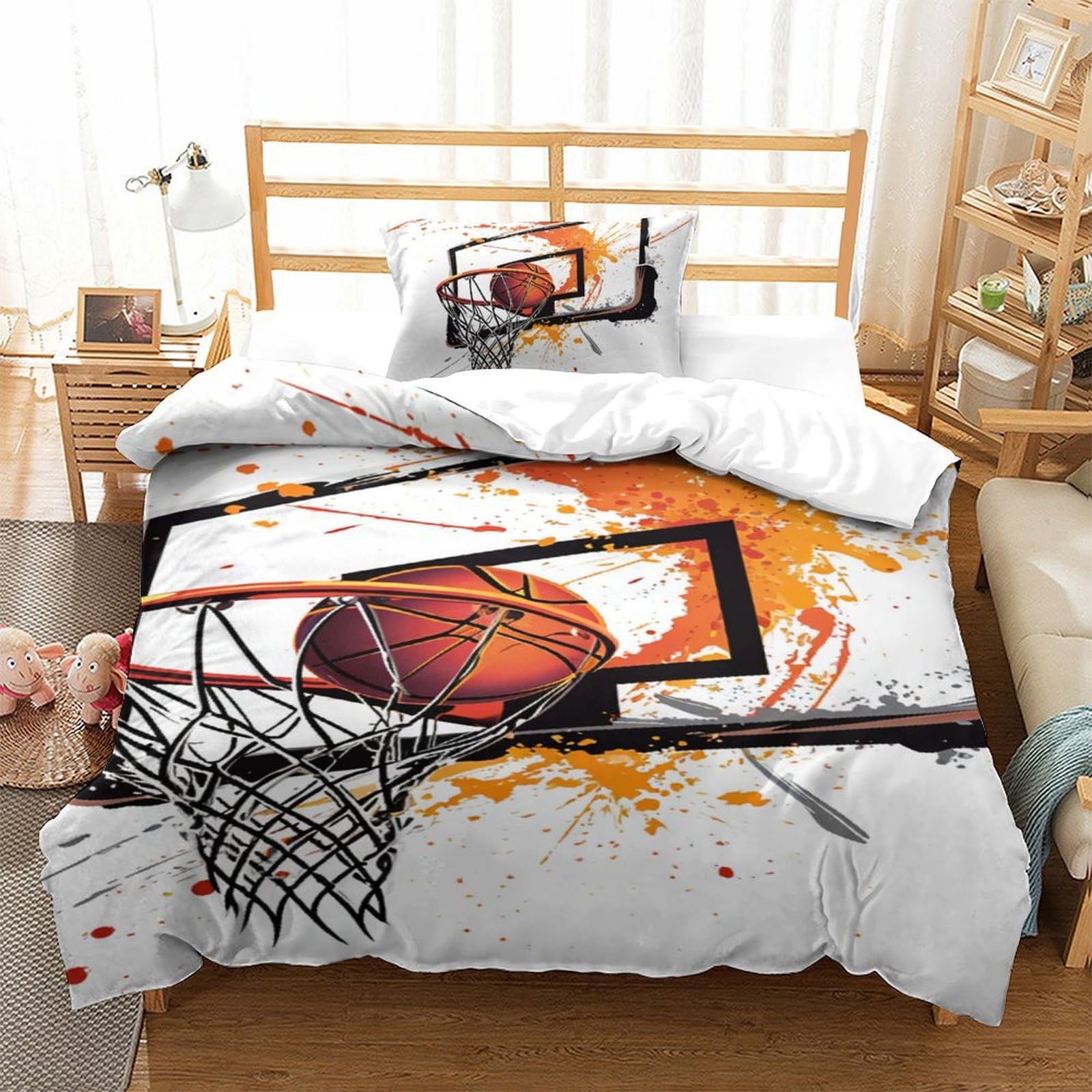 Impreso En 3D Baloncesto Juego De Cama De con Cierre De Cremallera Funda De Almohada Juego De Funda De Edredón Microfibra Single（135x200cm）